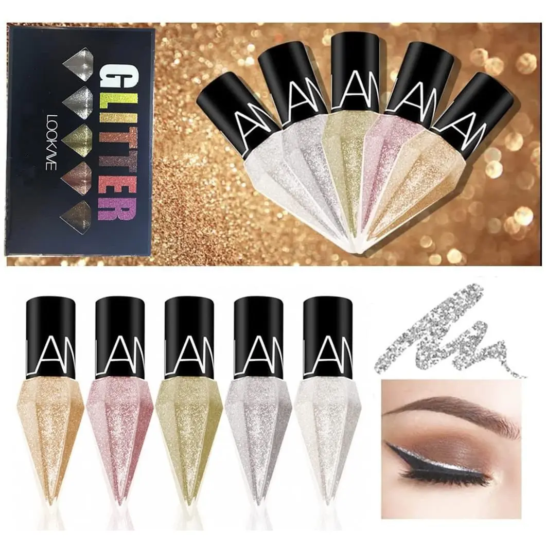Glitter Liquid Eyeliner Colorful Set,5 Colors Metallic Shimmer White Silver Gold Diamond Eye Liner,Glitter Eyeliner Eyeshadow Shine,Waterproof Long Lasting Glow Sparkle Eye Glitter Makeup springtok