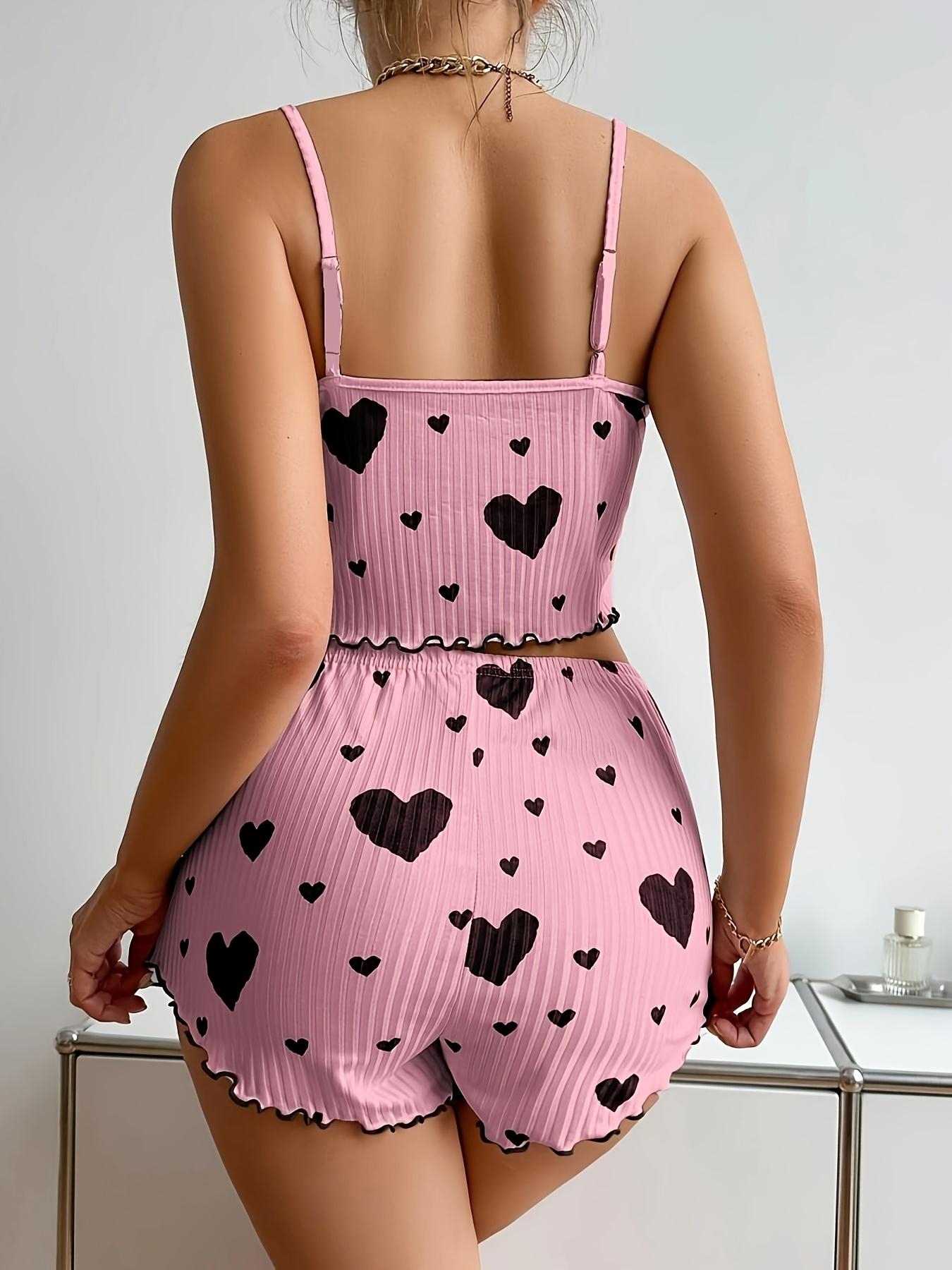 Casual Sleepwear Sets, Heart-Shaped Printed, Spaghetti Strap, Ruffle, Short Sets, Polyester 95% Elastane 5%, 180g/m², for Valentine'S Day Gift,  All-Season
