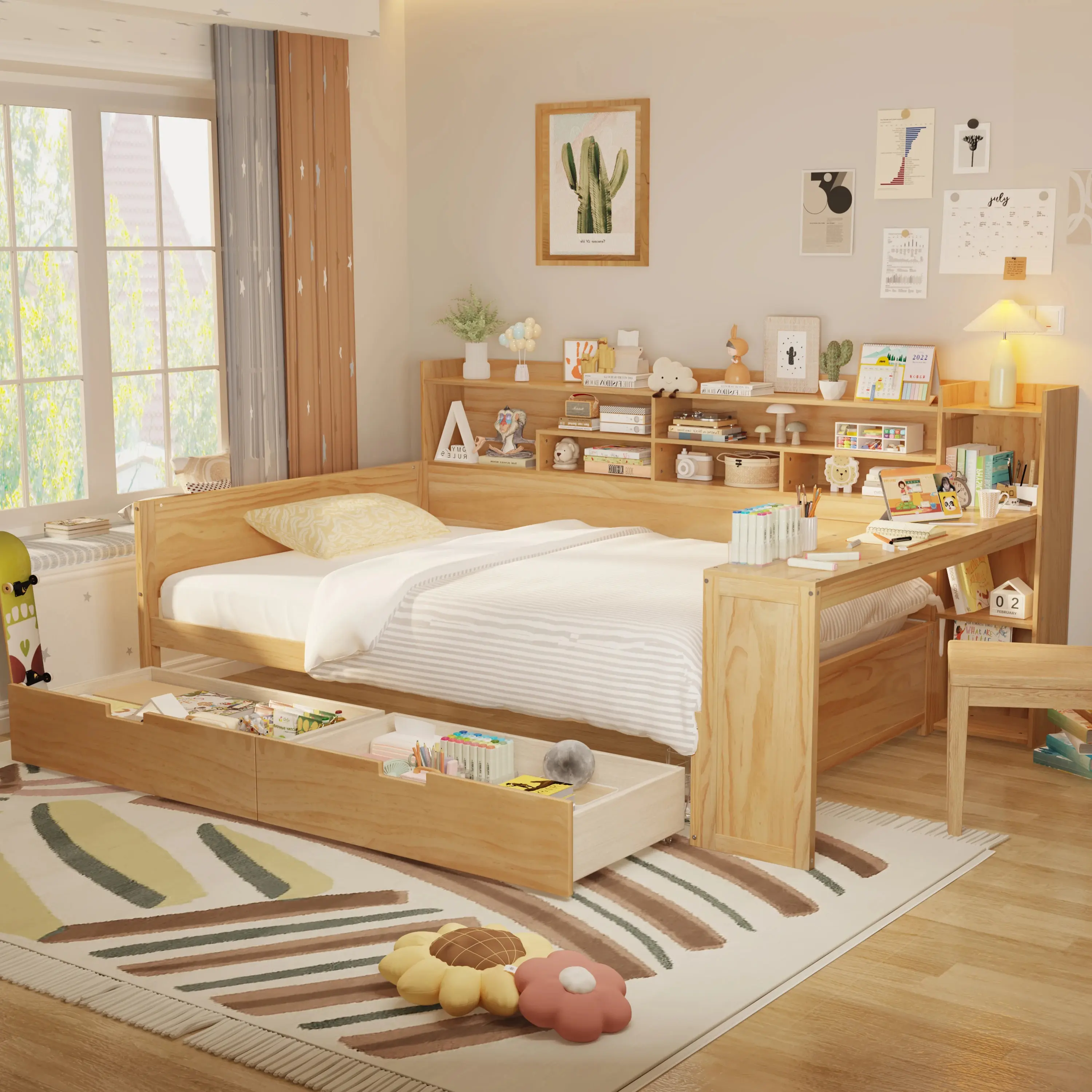 Modern Wood Full-Size Multi-Functional Daybed with Full Mattress, Pine Wood Frame, 2  Drawers,  Shelves, Study Desk, Durable, Humidity-Resistant, 91.3"l x 64.9"w x 44.9"h, Assembly Required, Bedroom Indoor Furniture (No Fire Safety Label), N