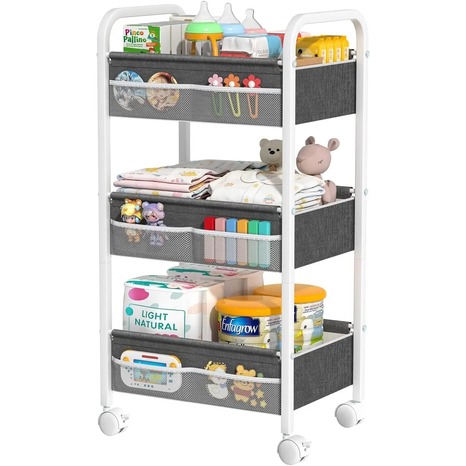 3 Tier Rolling Baby Diaper Caddy Utility Cart, Nursery Organizer Storage with Dividers & Drawers for Baby Essentials, Suitable for Crib Bedroom Art Craft Organization, White