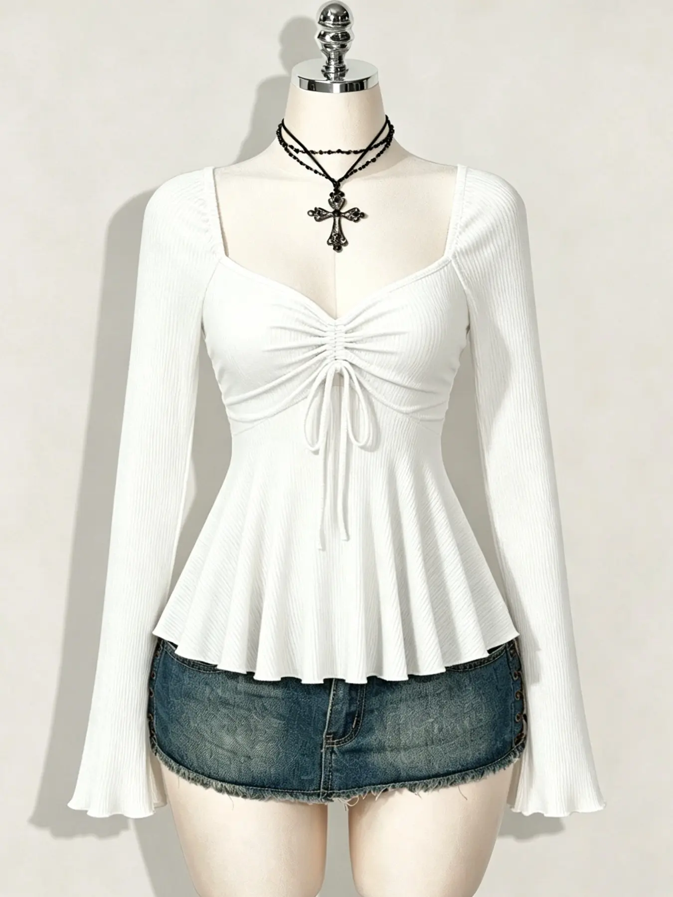 Women's Fashion Feminine Elegant Adjustable Drawstring Pleated Ruffle Slim Fit Casual Long Sleeve Ruffled T-Shirt Top, Autumn Winter Initial Fall Ladies' Clothing