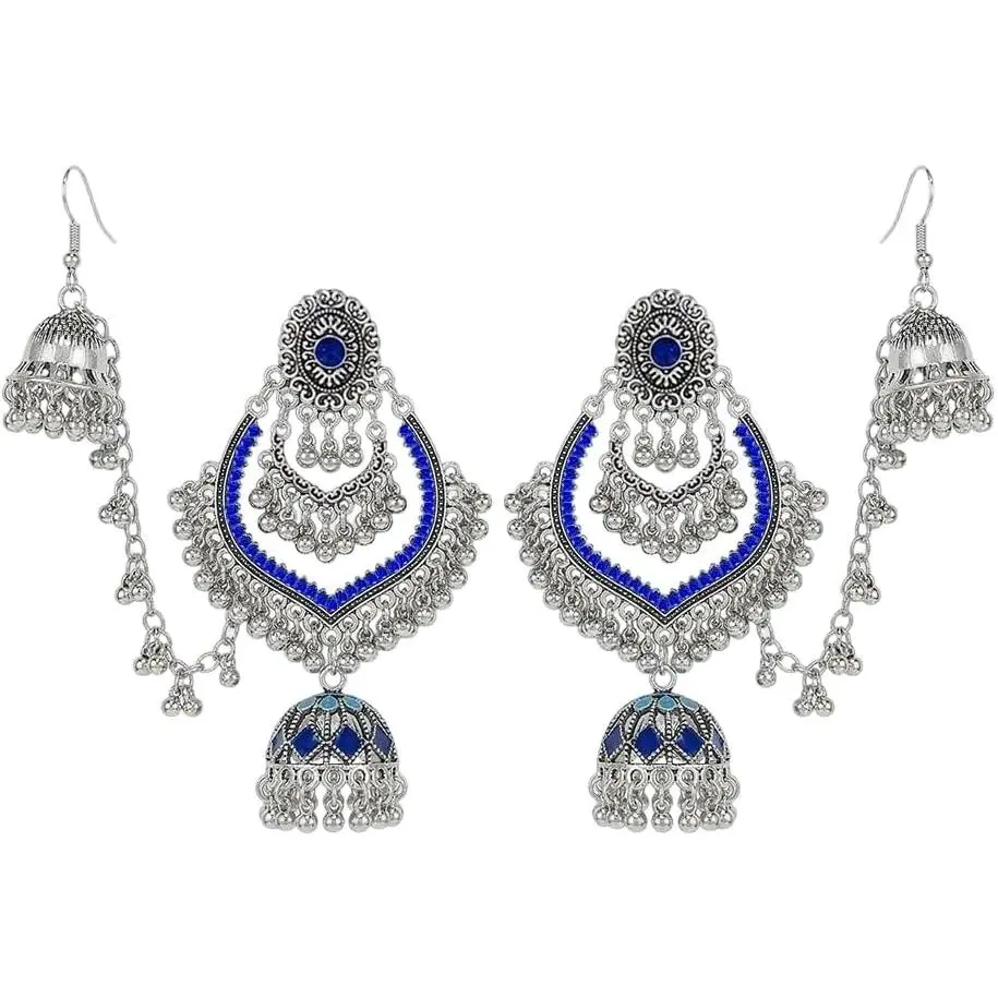 Jhumki CZ Dangle Drop Tassel Earrings Hair Chain for Women  Bohemian Beaded Chandelier Dangling Stud Earring Traditional  Ethnic Gypsy Trendy Oxidized Indian