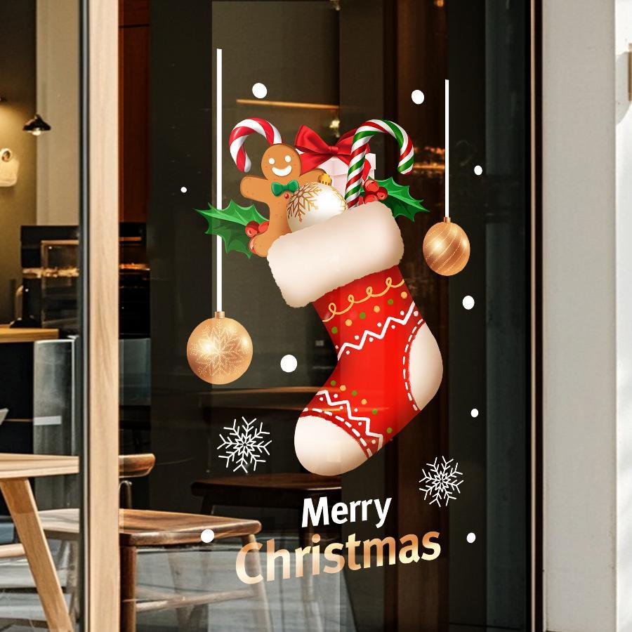 1 Piece of 45*60cm Christmas Glass Sticker, Christmas Decorative Window Sticker, a Whole Sheet of Static Cling Film Composed of Christmas Stockings, Snowflakes, Candy Canes, Light Balls, Gingerbread Men, Christmas Party Holiday Decoration Supplies