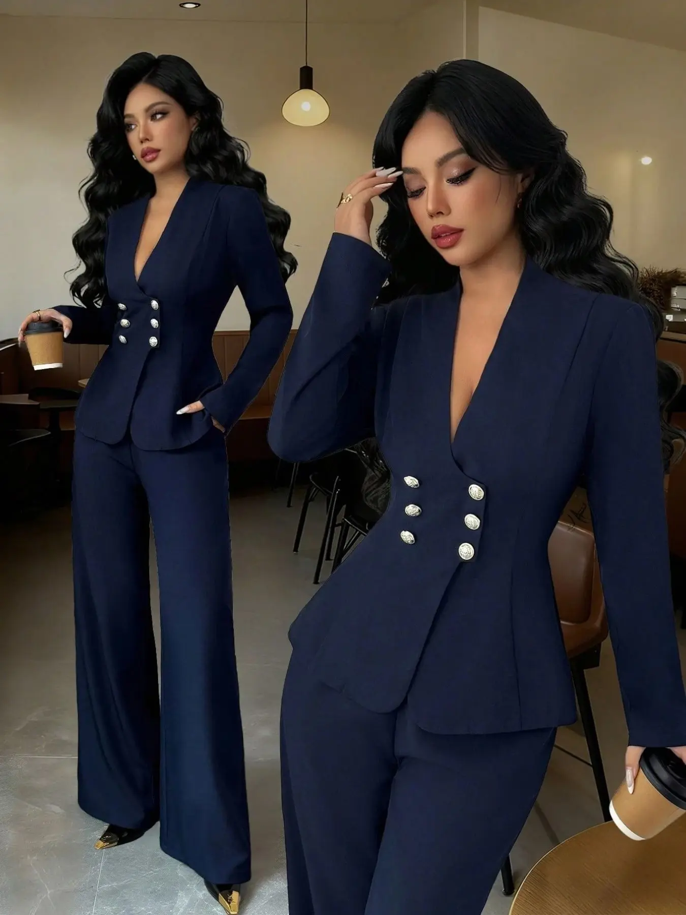 Navy Waist-Cinch Double-Breasted Blazer Suit Set, Elegant Chic Formal Office Workwear, Slimming Two-Piece, Professional Look, Women's Fashion