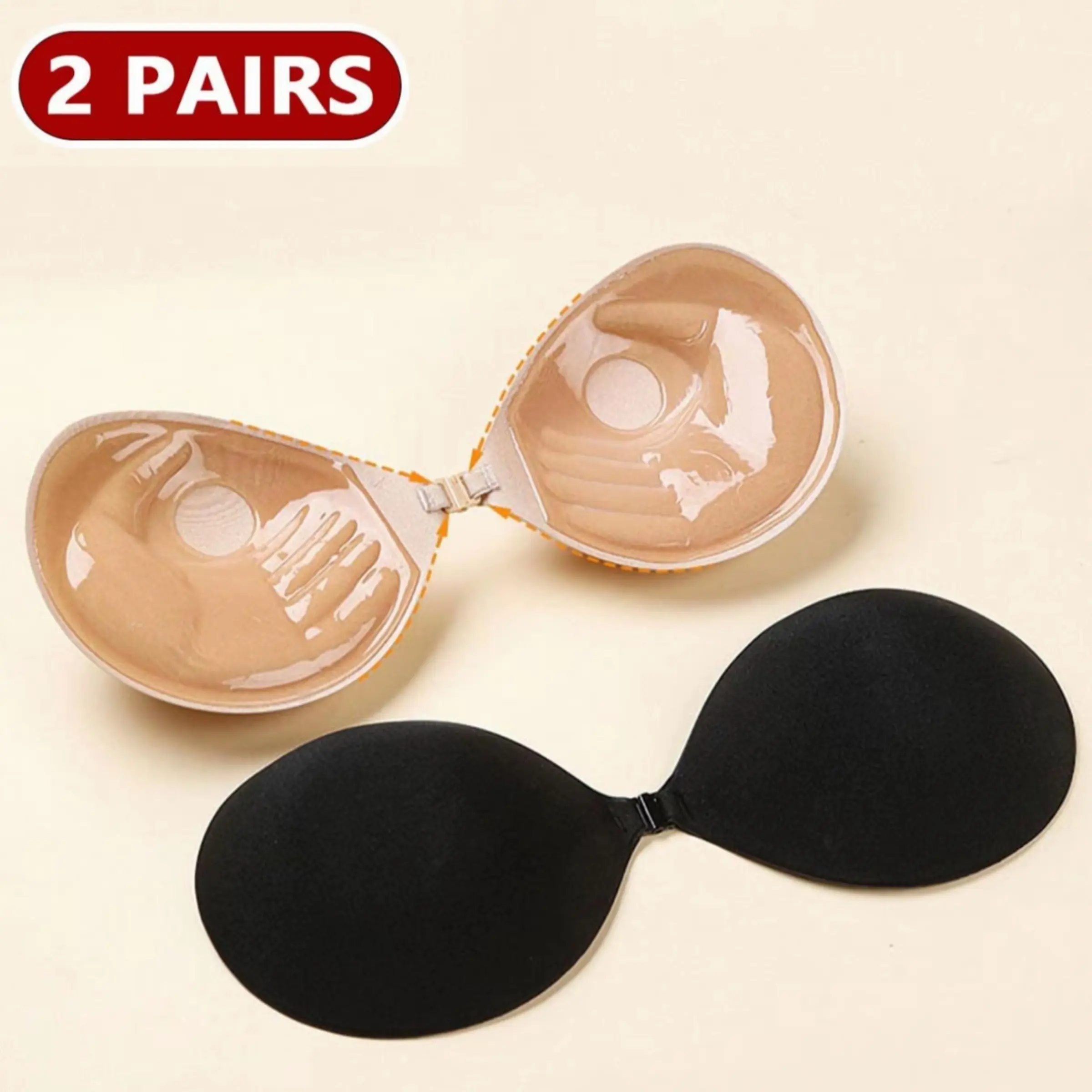 2 Pairs Front Buckle Push Up Invisible Adhesive Bra, Strong Adhesive Anti Slip Gathering Bust Lifter Strapless Nipple Covers Black & Nude For Wedding Party Evening Dress Daily Outfit Front Pushup Bra