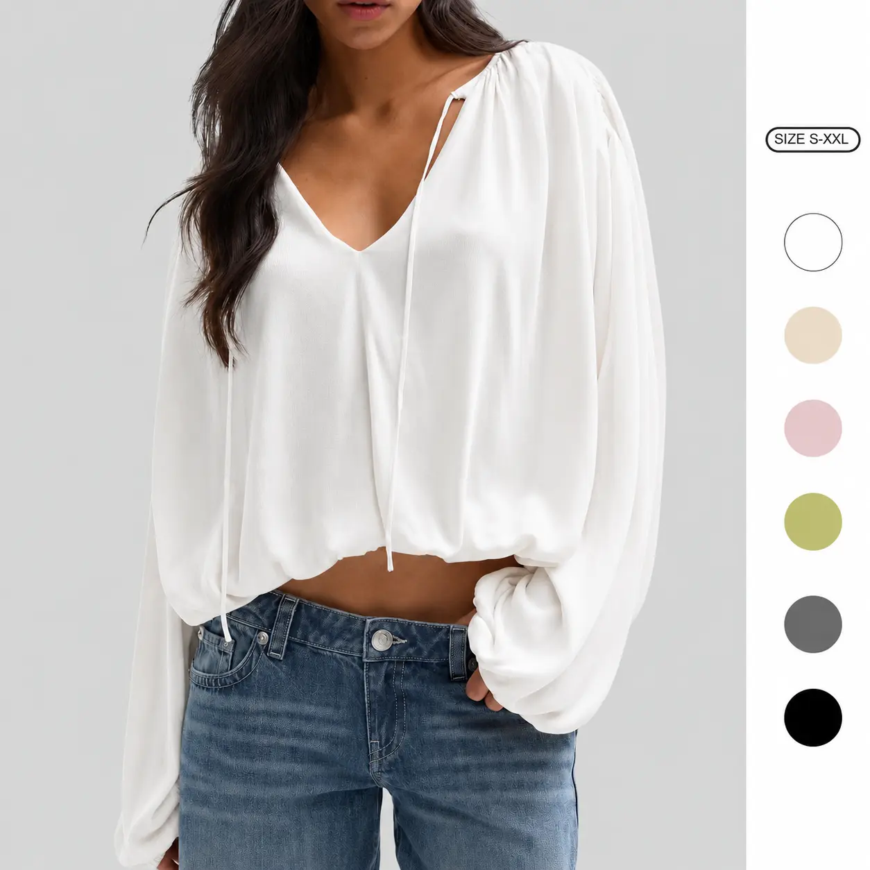 Imily Bela Womens Drawstring V Neck Balloon Long Sleeve Rib Knit Cropped Casual Blouse Top