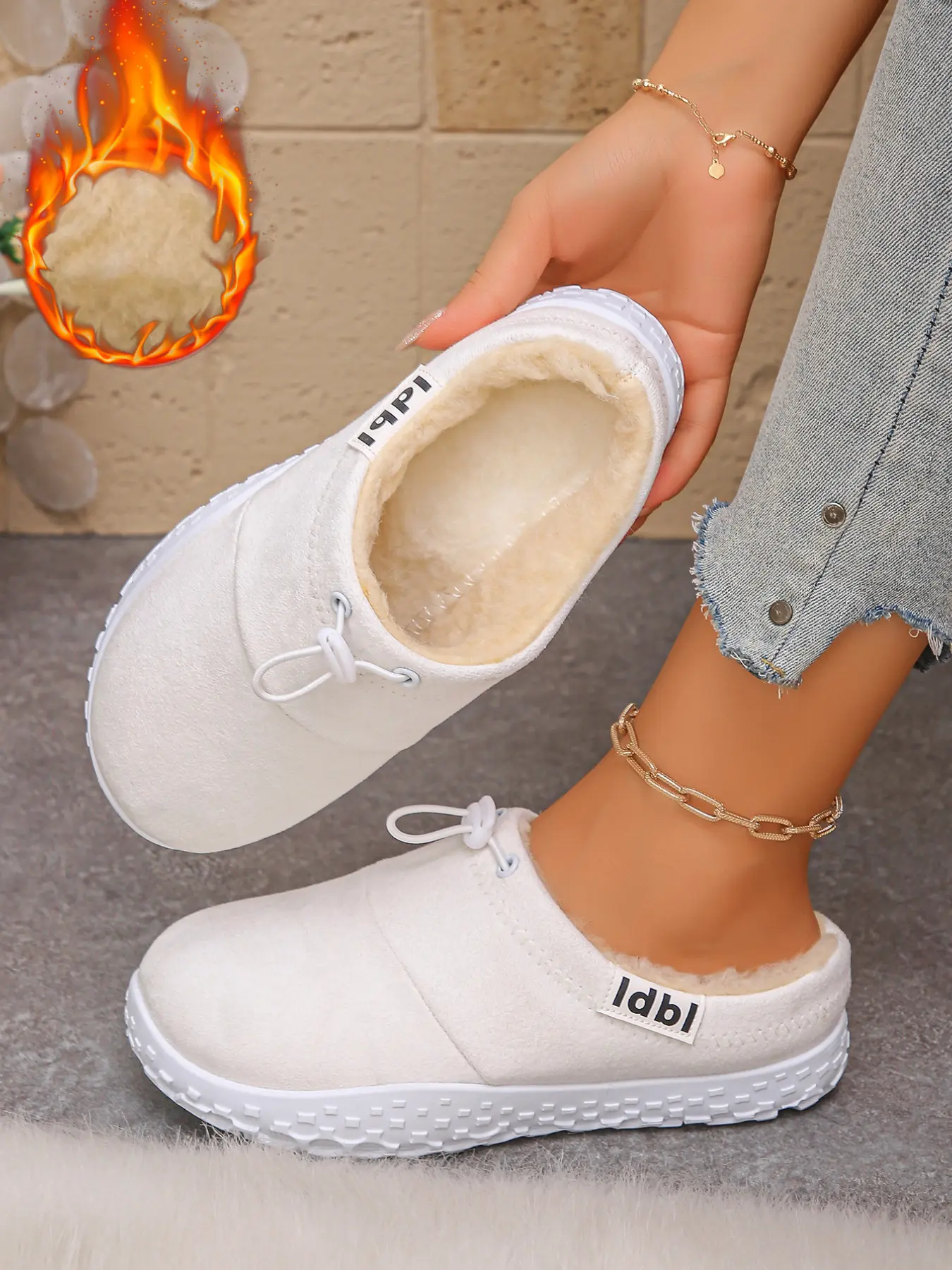 Fashionable Fall Winter Slip-On Flat Slipper Shoes, Warm Fuzzy Lining, Non-Slip Sole, Versatile Indoor Outdoor Wear, Women's Comfortable Slippers