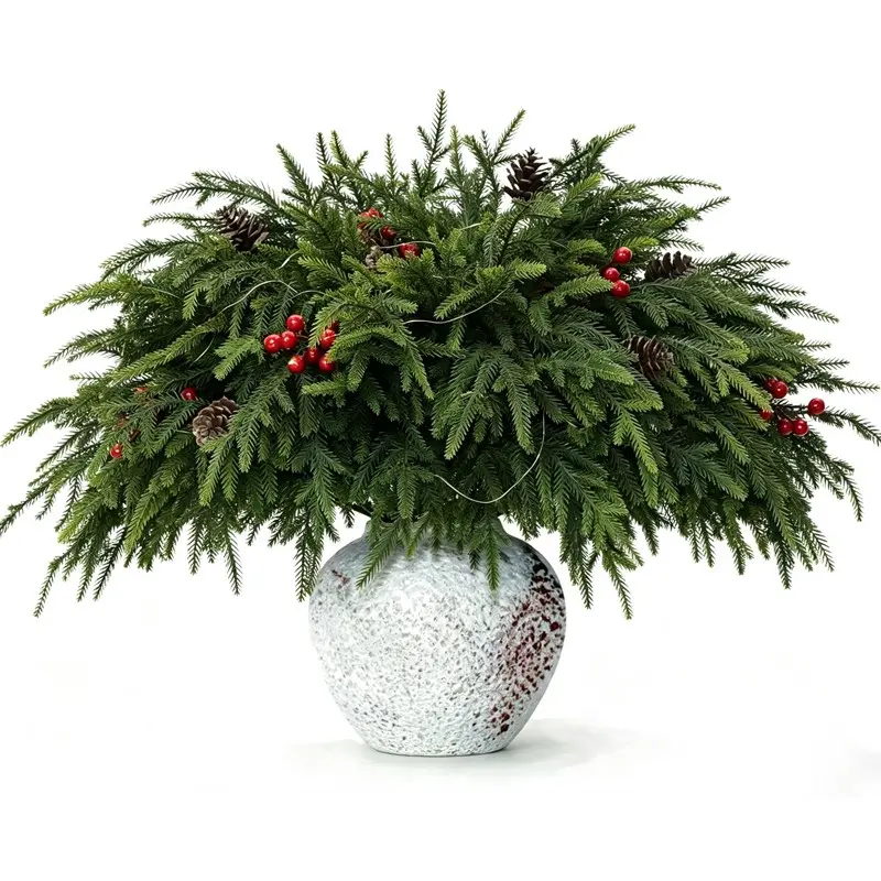 20pcs 23 Inch Artificial Norfolk Pine Stems with Pine Cones & Red Berries, UV Resistant Faux Norfolk Pine Christmas Greenery Picks Set, DIY Floral Supplies for Table Mantel Indoor Farmhouse Christmas Decor