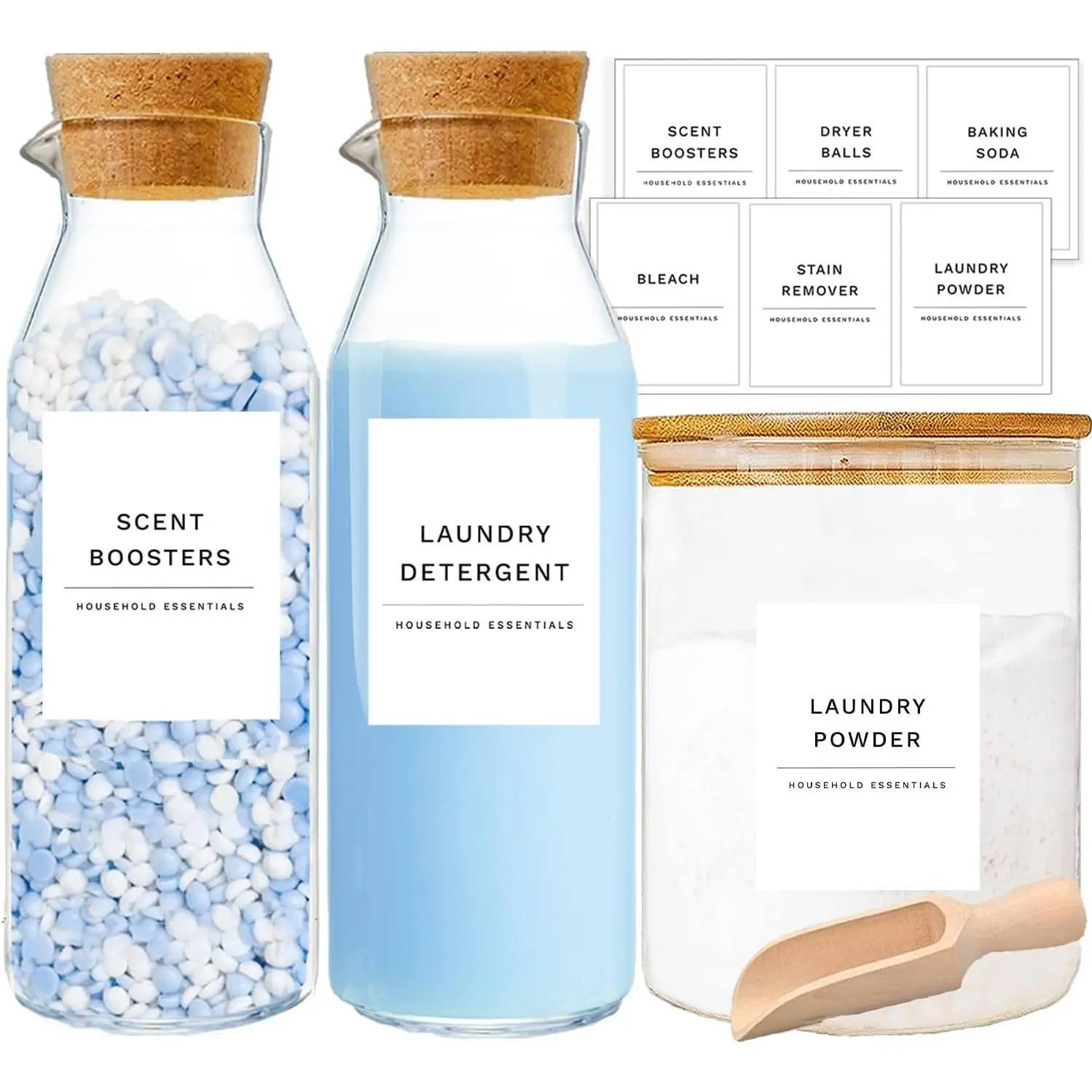 Liquid Laundry Detergent Container, Glass Detergent Bottle for Laundry Room | 3 Pack Laundry Storage Containers for Organizing, Laundry Beads & Dryer Sheet Holder, Laundry Soap and Softener Dispenser