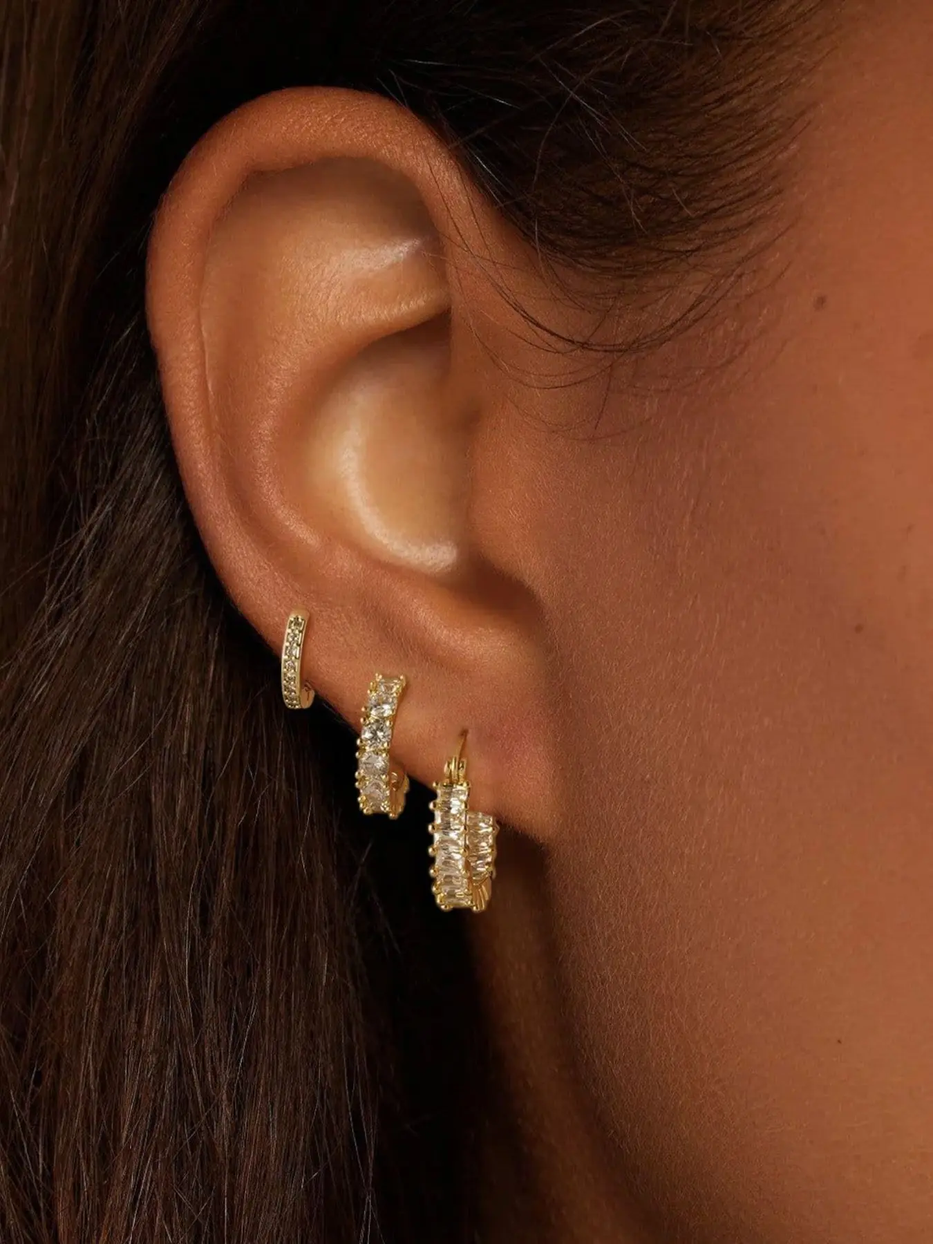 3pcs in 1 set Hoop Earrings Gold Plated Earring Set Rhinestone Cubic Zirconia Hoop Earrings   Chunky Small Gold-Plated Hoops Huggie Earring for Women Gold Jewelry for Woman