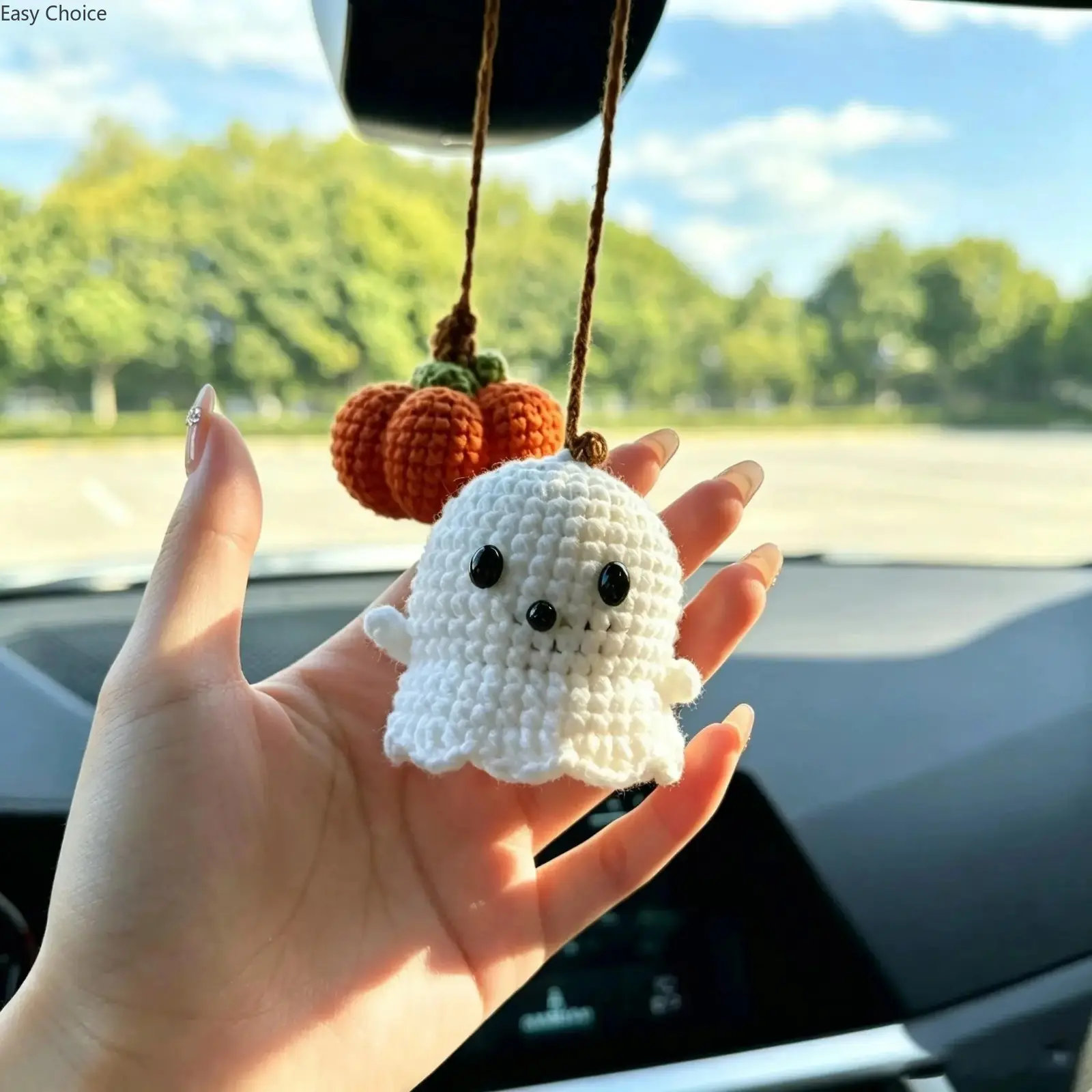 Handmade Amigurumi Crochet Ghost-Pumpkin Car Mirror Hanging Charm, Soft Knit Ornament With Hanging Hook, Cute Car Interior Accessory, Festive Fall & Halloween Decor, Adorable Vehicle Hanging Decoration And Thoughtful Holiday Gift