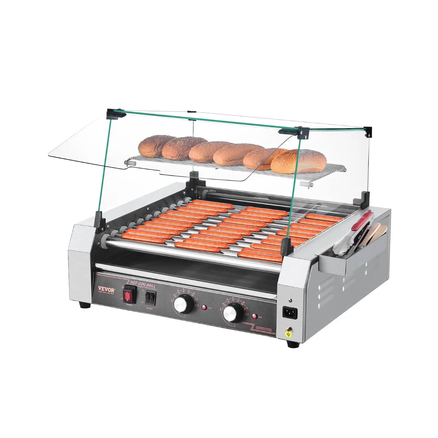 【DealsForYouDays】VEVOR Hot Dog Roller, 30 Hot Dog 11 Rollers, Stainless Steel Sausage Grill Cooker, 1600W Commercial Hot Dog Machine with Dual Temp Control, Cover, Side Storage Box, Removable Shelf Oil Drip Tray