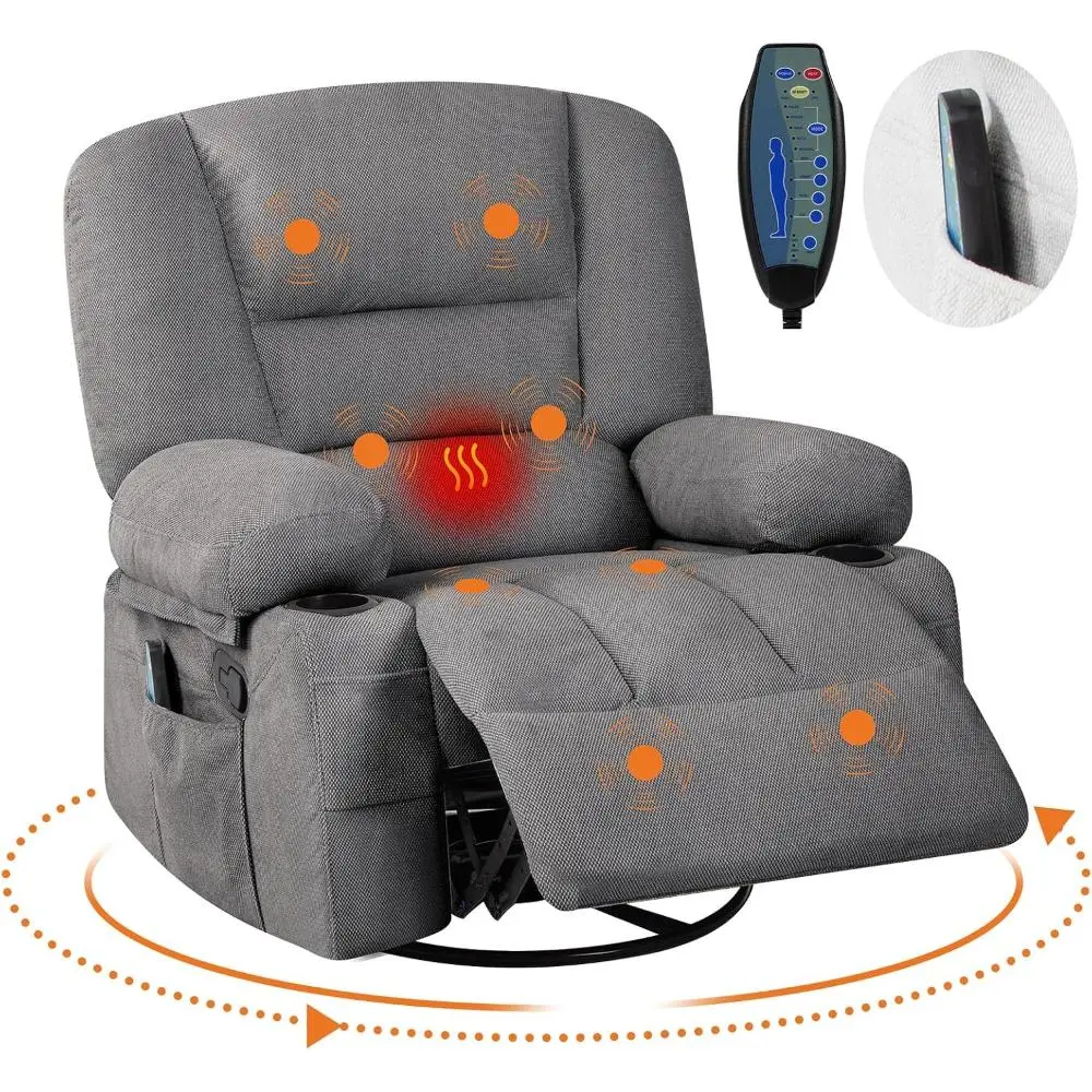 Gaomon Oversized Adjustable Chenille Fabric Recliner Chair for Adults - 360° Swivel, Heat & Vibration Massage, Extra Wide, Steel Frame, Cup Holders, Side Pocket for Living Room, Bedroom