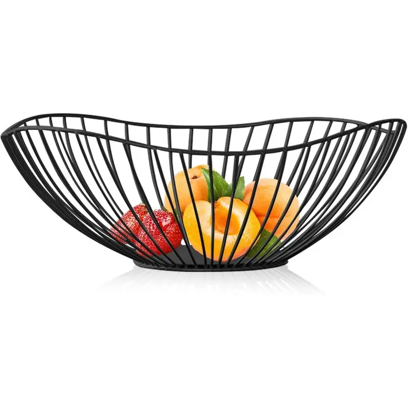 Black Metal Wire Mesh Basket - 10-Inch Kitchen Counter Organizer with Non-Slip Ft, Decorative Storage for Fruits, Veggies, Bread and Snacks