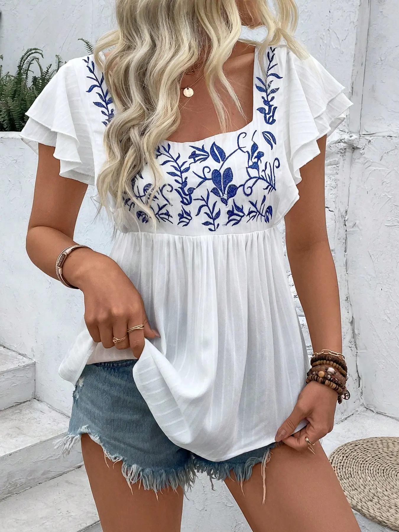 Women's Feminine Bohemian Floral Embroidered Shirt Blouse Top, Square Neck Design, Ruffled Decoration, Short Sleeve, Summer Casual Wear, Vacation, Boho, Vibe