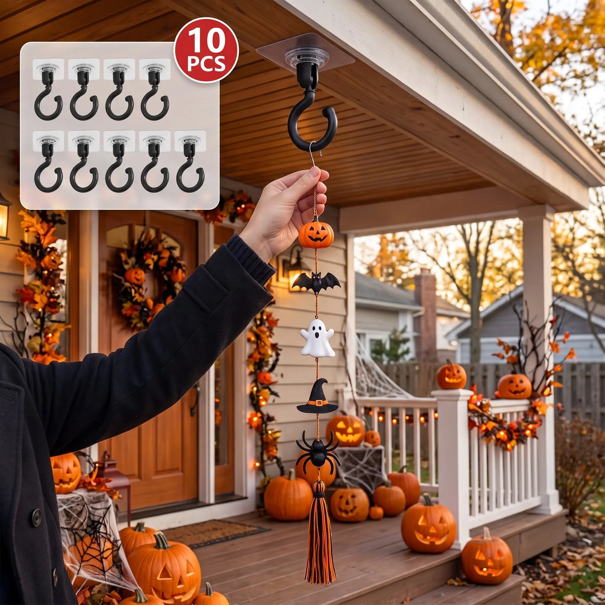 10pcs 360° Rotatable Multi-Functional Hanging Hooks, No Drilling, for Bathroom Kitchen Living Room Storage, Halloween Christmas Decor Hooks