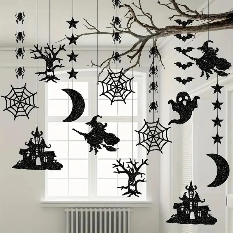 Gothic Halloween Decorations Set, Spider Witch Ghost Bat Hanging Ornaments, Party Supplies for Spooky Atmosphere, 6-Piece Kit