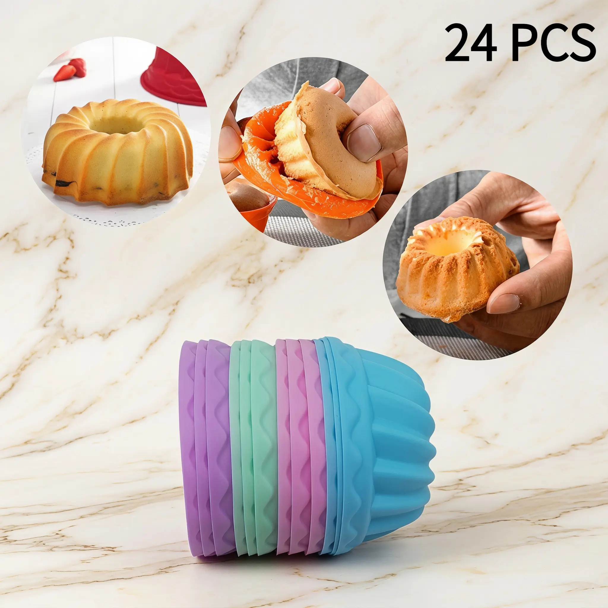 24 Pack Round Silicone Baking Cups - Nonstick Cupcake Molds, Pumpkin-Shaped Dessert & Jelly Muffin Tray Liners YY1
