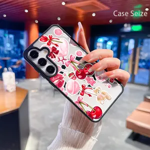 Phone Case - Sweet Cherries Lips Hearts Bows Candy Teddy Love Charm Black Border Magnetic Phone Case, Anti-Yellowing, Slim Lightweight & Bare Feel, Luxury Premium Design for Samsung Galaxy S22 S23Fe S24 S25 Plus Ultra