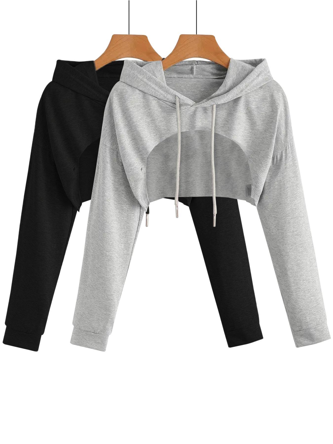 Women's Solid Drawstring Drop Shoulder Crop Hoodie, Casual Long Sleeve Hooded Sweatshirt for Daily Wear, Ladies Clothes for All Seasons, Drawstring Waist Hoodie