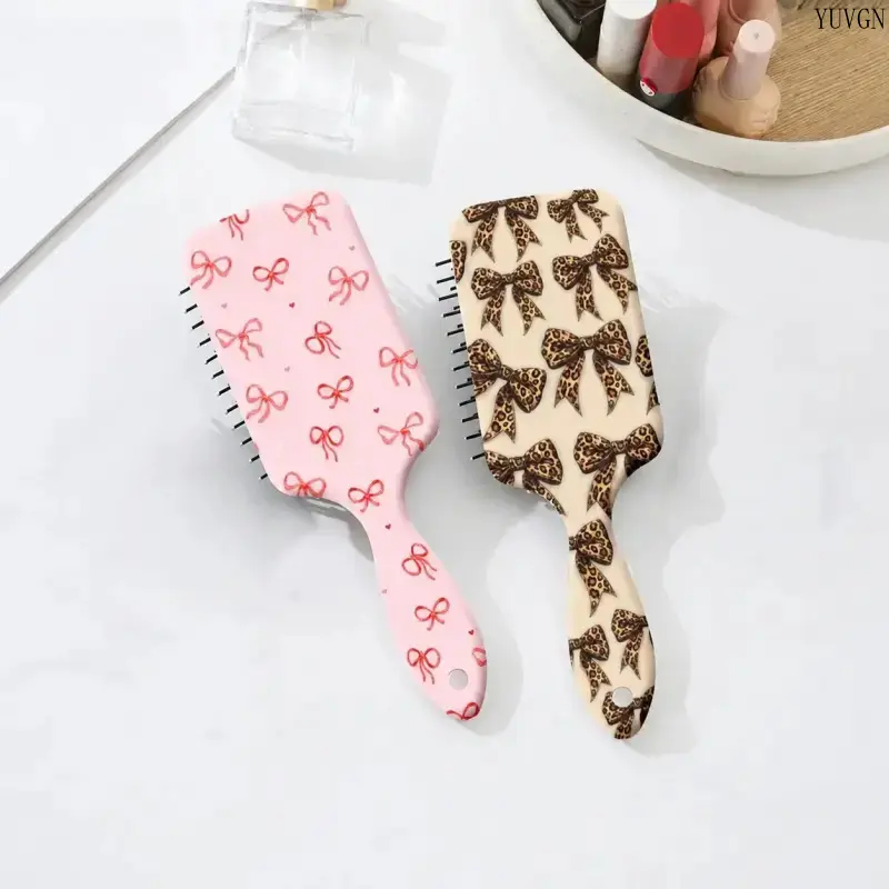 2-Piece Leopard Print Hair Brush Set with Bow Design, Gentle Detangling Cushion Brushes for Women and Men, Lightweight Portable Hair Accessories for Daily Styling & Travel