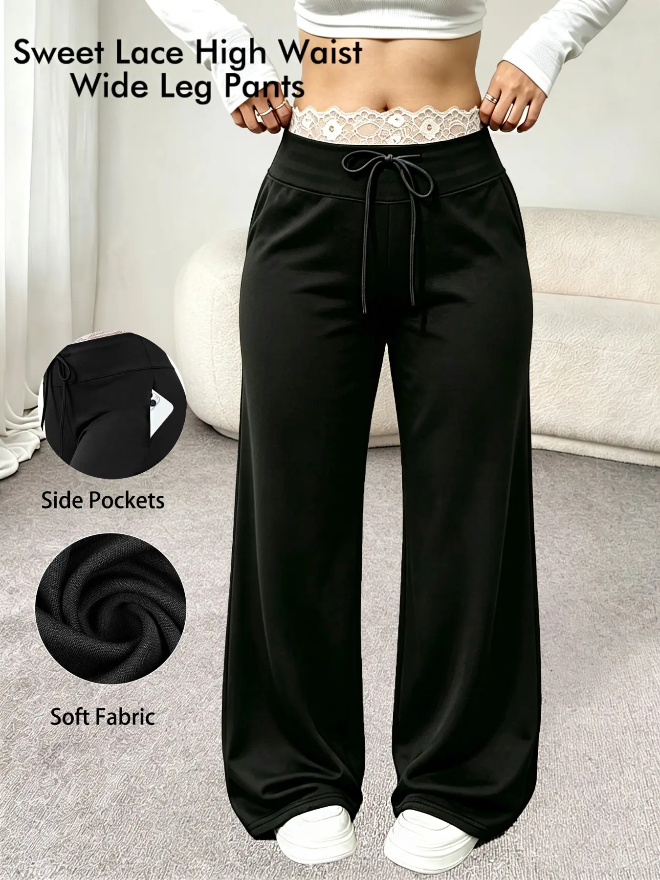 Sweet Lace Waistband High Rise Wide Leg Baggy Sweatpants, Soft Stretchy Fabric Side Pocket Casual Pants For Plus Size Women
