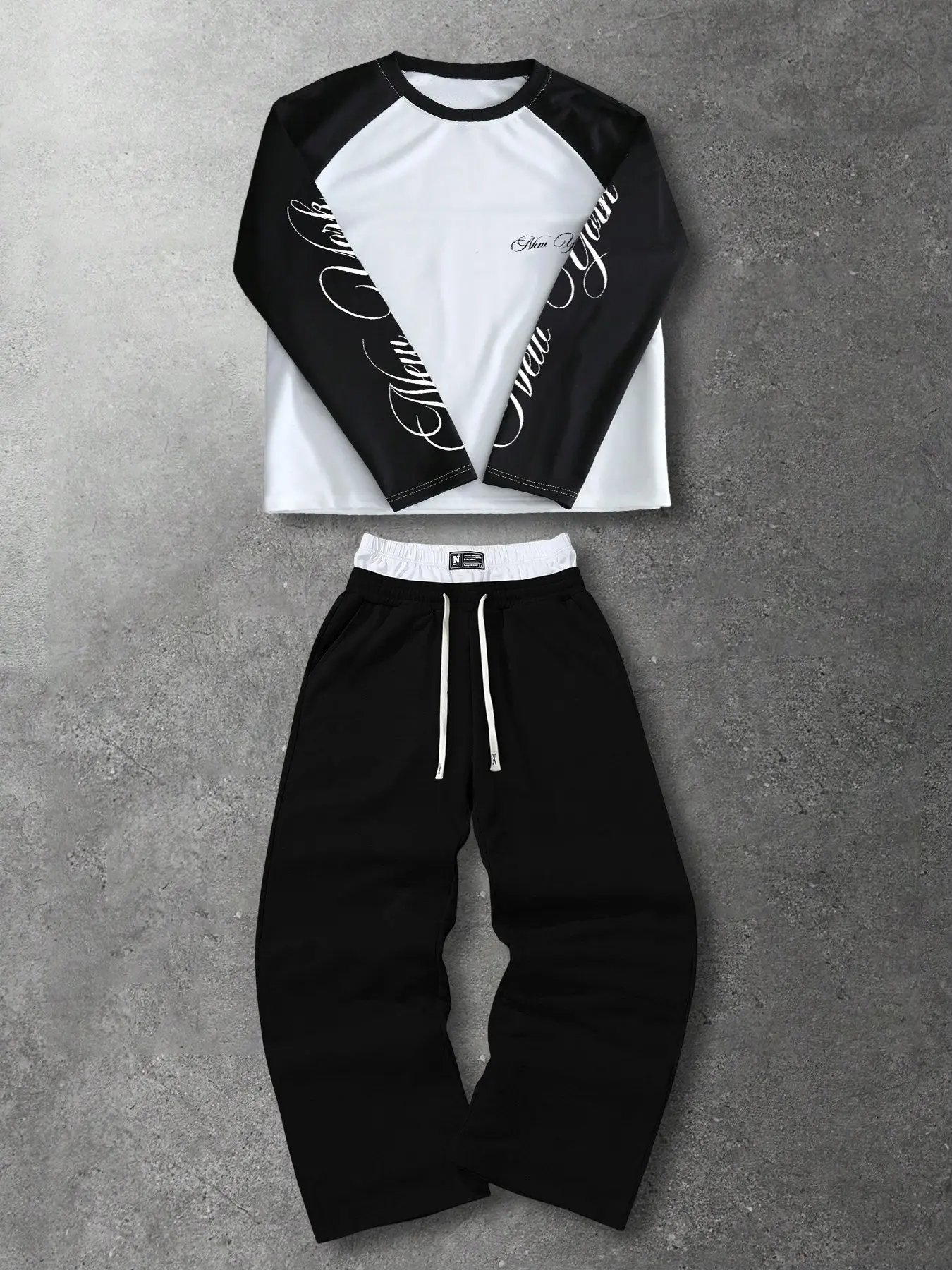 Y2K Streetwear Two Piece Matching Set Spliced Raglan Long Sleeve Crew Neck Top With Chest Mini Graphic & Sleeve Script Print Soft Quick Dry Anti-Pilling Easy Care Athleisure, Activewear Tracksuit Drawstring Waist Pants For Weekend Shopping Gym Workout