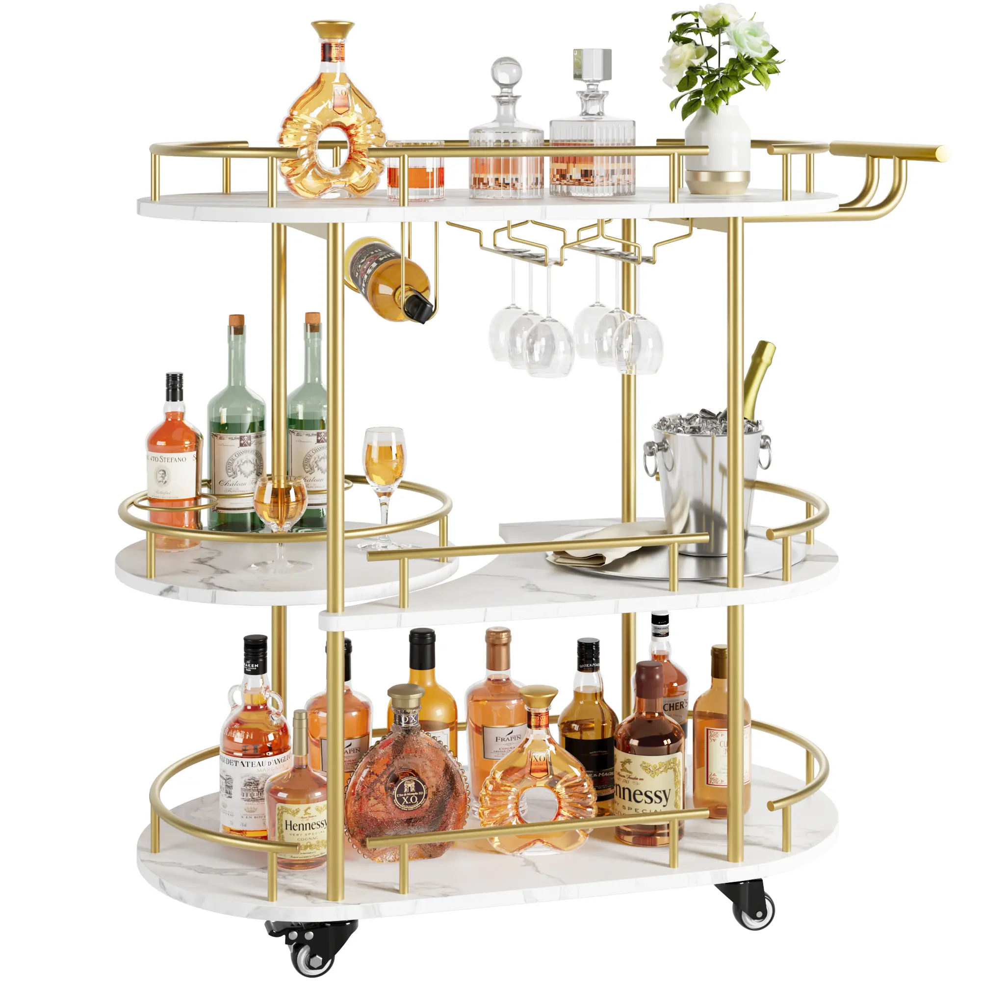 Gold 3-Tier Bar Cart with Wine Rack & Glass Holder – Mobile Rolling Serving Cart with Storage Shelves – Sturdy Metal Frame, Perfect for Kitchen, Dining & Living Room, Home Bar, Parties & Gatherings