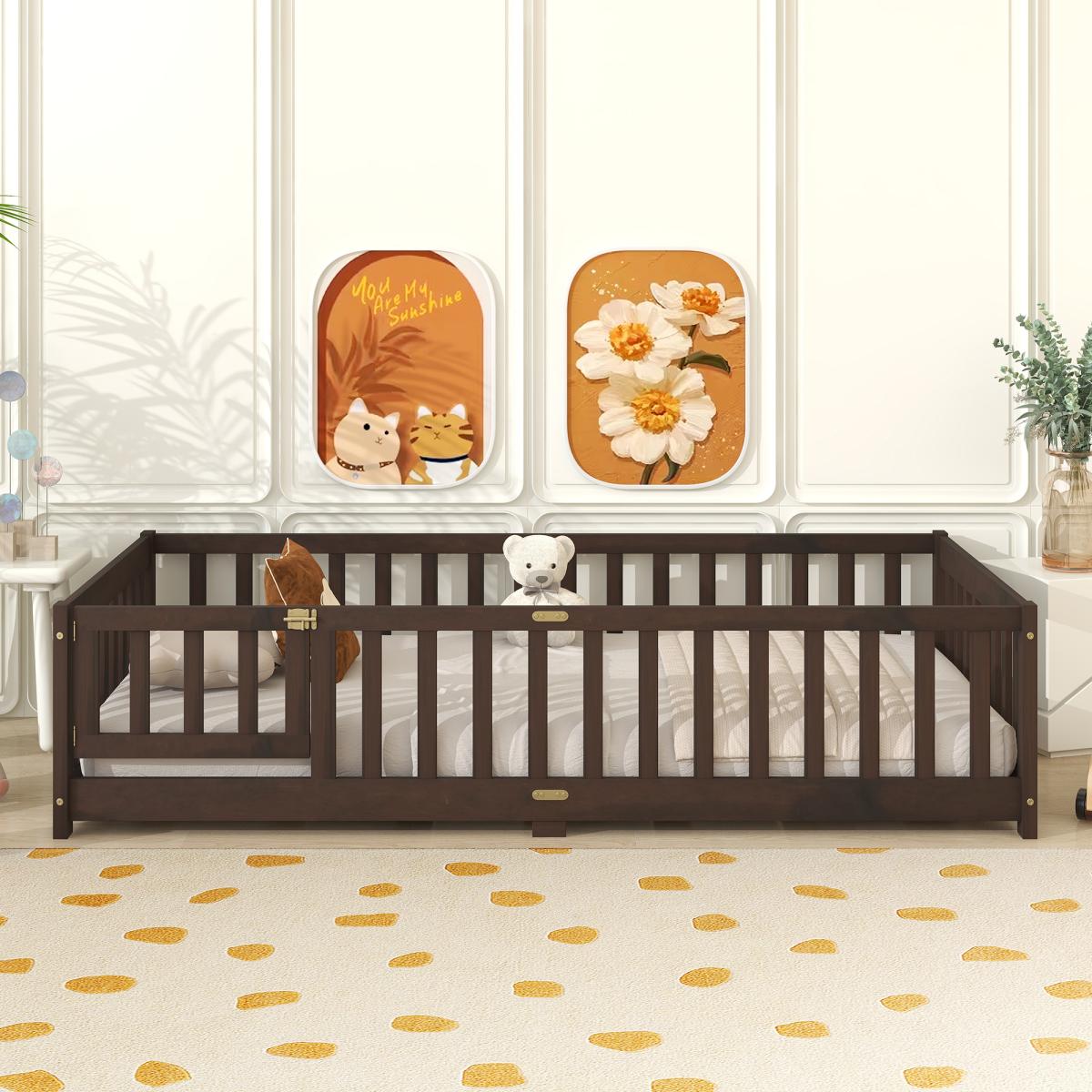 Twin Size Floor Bed with Fence without Door, Twin/Full/Queen Size Bed Floor Bed with Safety Guardrails and Door,Twin/Full Size Montessori Floor Bed for Kids, Solid Wood Bed Frame with Fence, Door & Safety Guardrails, CPC Certified