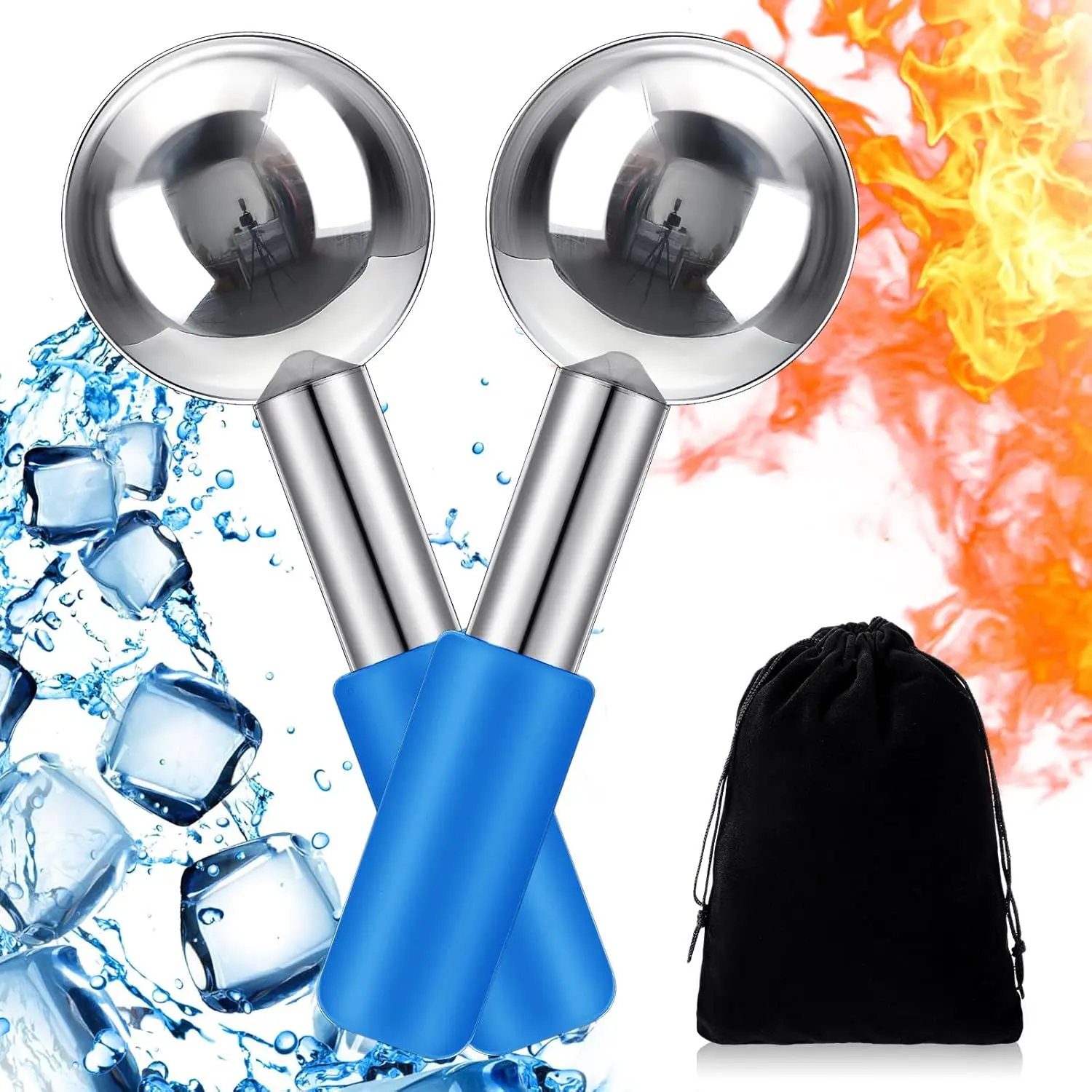 Women's 2-Pcs Stainless Steel Ice Face Globes Roller Set - Unbreakable Cryo Sticks with Blue Handle, Apply Cold for Cooling Relief, Skincare Tool for Dark Circles, Puffiness (Silver), Facial Care Device