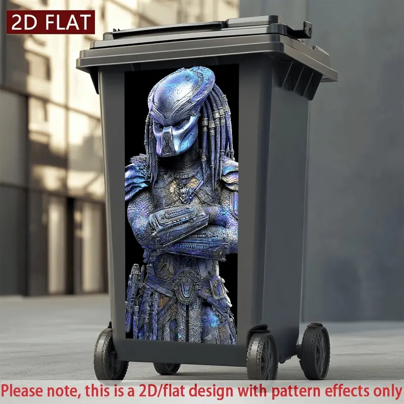 Self-Adhesive PVC Sticker Featuring a 2D/Flat Design of a Predator Character, Perfect for Decorating Trash Cans Or Walls. This Waterproof And Scratch-Resistant Sticker Has a High-Gloss End, Is Easy to Apply And Remove