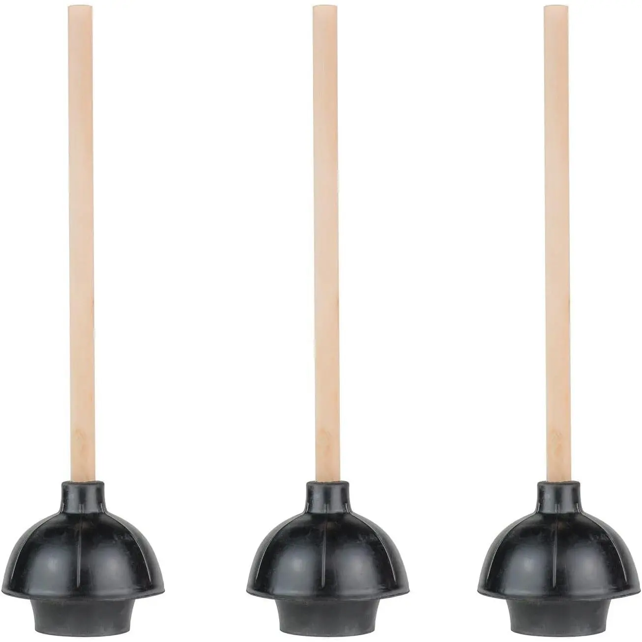 Rubber Toilet Plunger, Double Thrust Force Cup, Heavy Duty, Commercial Grade with 18” Wood Handle (Pack of 3)