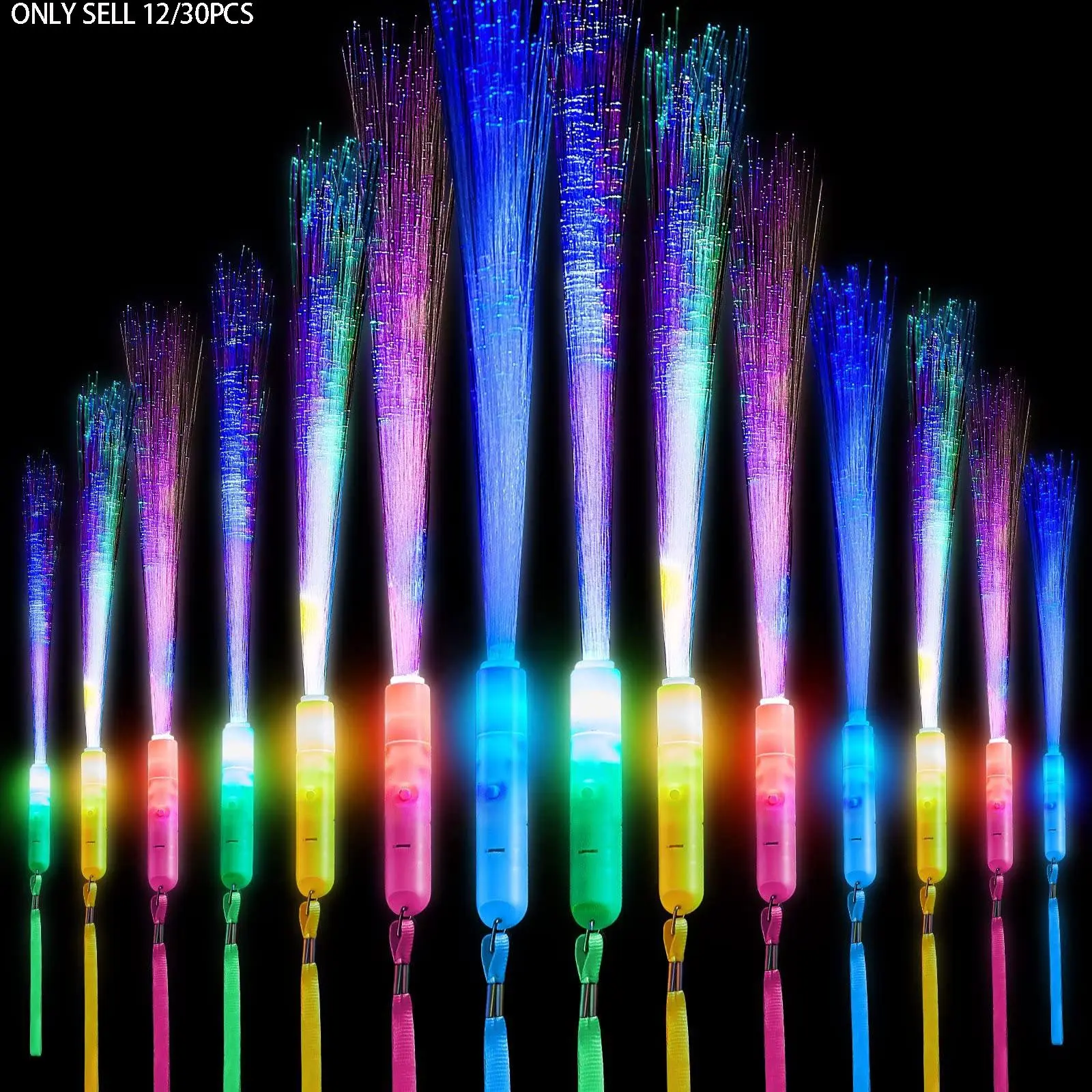 12/30 Pcs Fiber Optic Glow Sticks, LED Flashing Light Up Rods with Batteries, Perfect for Birthday Party Favor Gifts, Wedding, Halloween, Christmas, Glow Sticks Bulk, Party Supplies