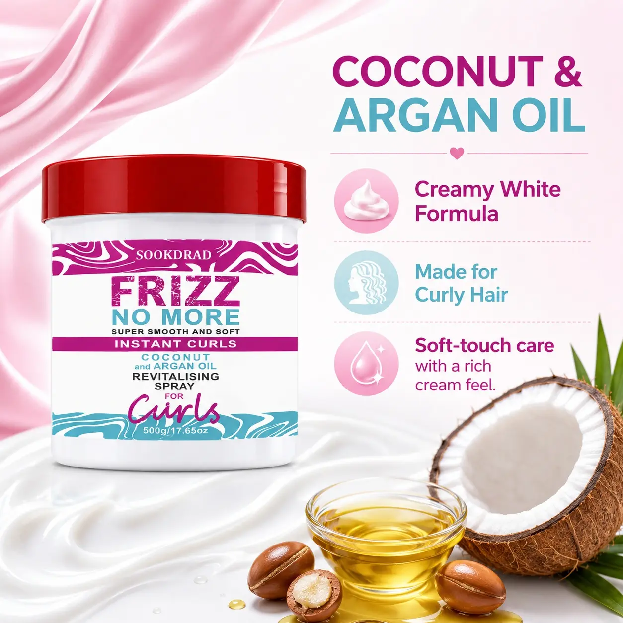 Frizz No More curl revitalizing spray, coconut argan oil, super smooth, soft, instant curls, for curly hair, 500g