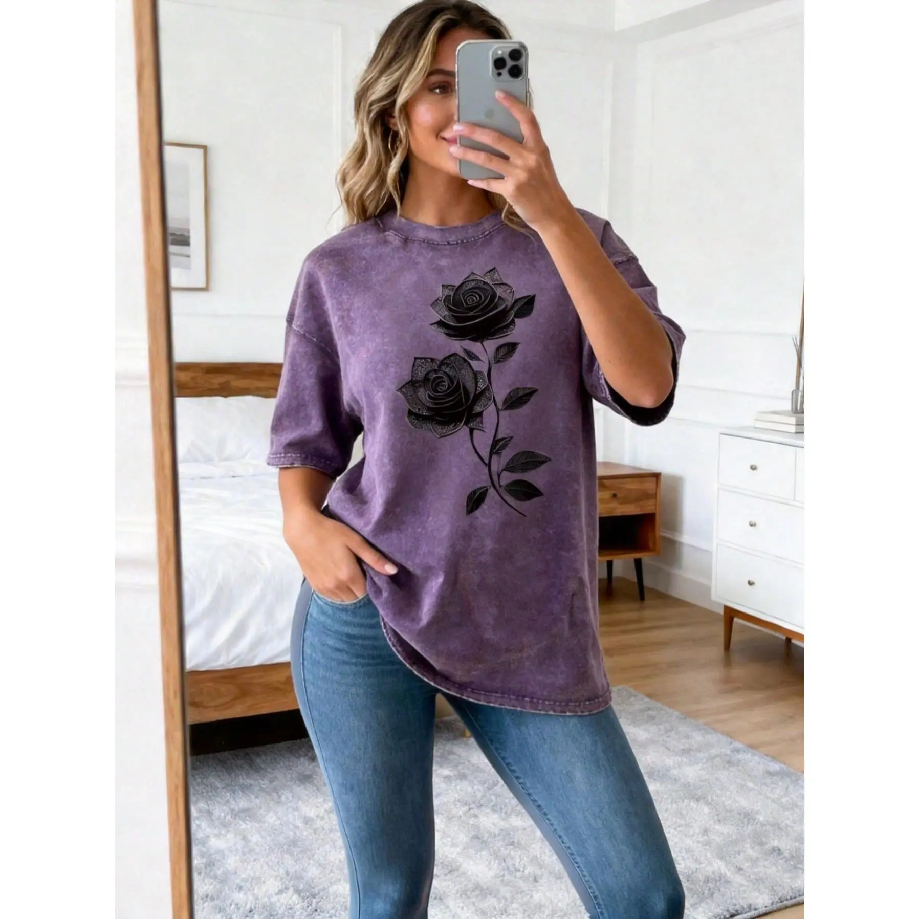 Men's Pure Cotton Washed Loose-Fit Round Neck Shortsleeve Menswear T-Shirt - Dark Vintage Rose Figure Print, Soft Stretch Fabric, Sensitive Skin-Friendly, All Seasons, Home Leisure, Streetwear, Casual