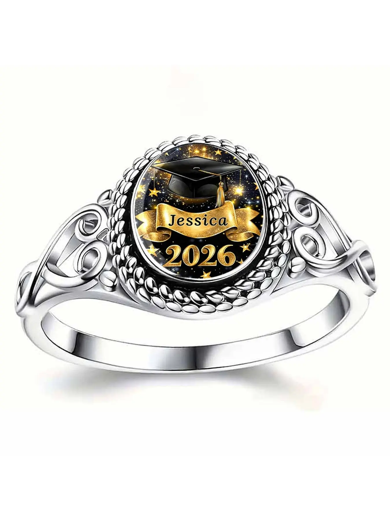 Retro hollow graduation commemorative ring, featuring a student cap with name and year pattern, engraved with the milestone of youth, symbolizing a brilliant future and embarking on a new journey. Suitable for graduation memorabilia and as a gift.