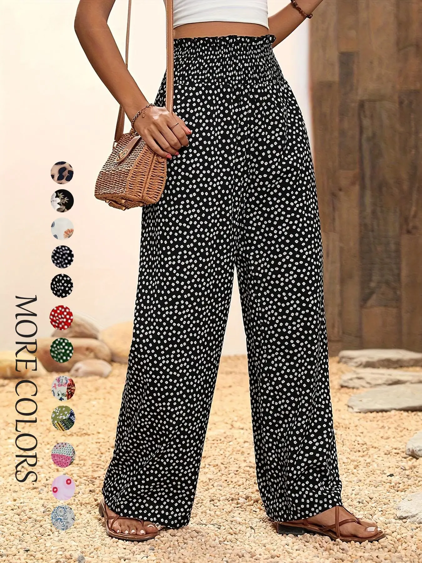 Women's Ditsy Floral Print Shirred Wide Leg Loose Pants, Boho Bohemian Frill Trim High Waist Trousers for Spring & Fall, Women's Bottoms for Daily Wear, Baggy Leggings, Bohemian Style Pants