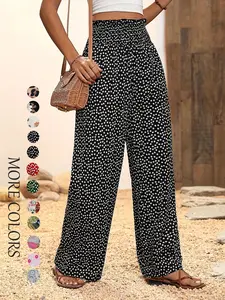 Women's Ditsy Floral Print Shirred Wide Leg Pants, Boho Bohemian Frill Trim High Waist Trousers for Spring & Fall, Women's Bottoms for Daily Wear, Baggy Leggings