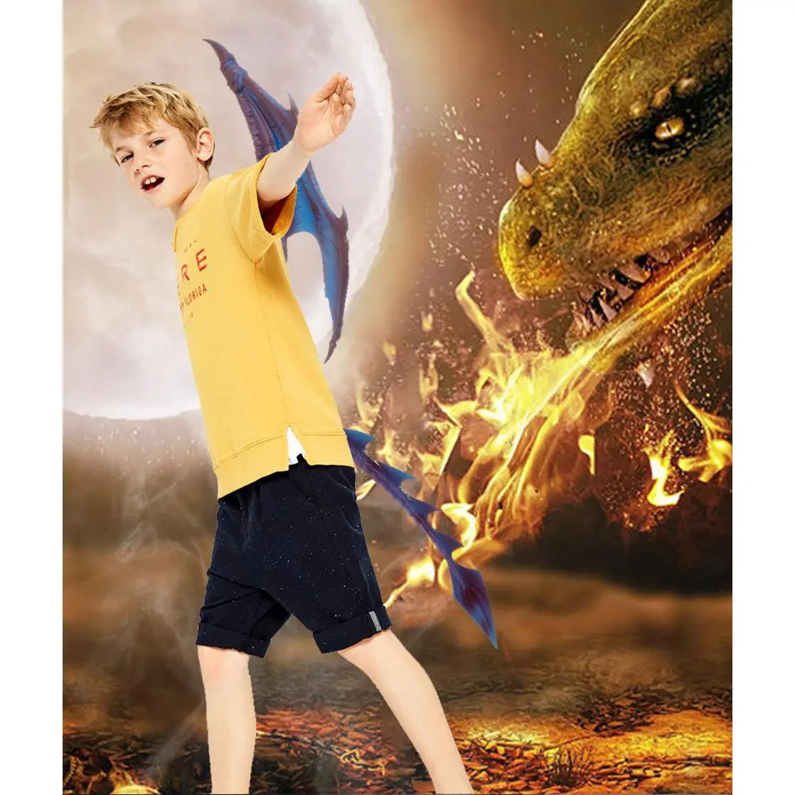 Kids Dragon Costume Set with Mask Wings Tail Halloween Cosplay Party Prop