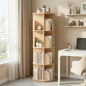 4-Tier 360° Full Rotation Round Bookshelf - 15.36"l * 15.36"w * 50.59"h Contemporary Natural Wood Finish, Small Footprint Open Storage Display Rack for Bookshelf Organization, Home Library, Bedroom Office