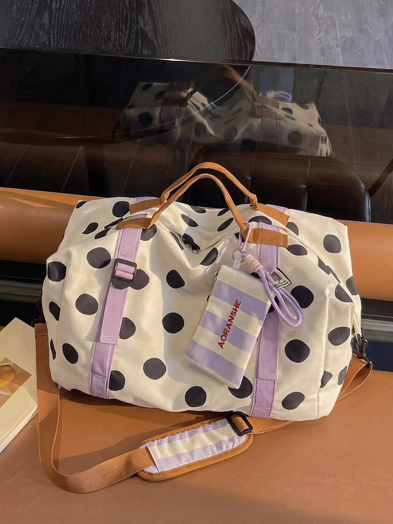 Simple and practical textured polka dot printed portable travel bag with contrasting ribbon design, multi back design, large capacity, fashionable and niche design, suitable for short distance travel and outings, Traveling Bag, Perfect Travel Bag