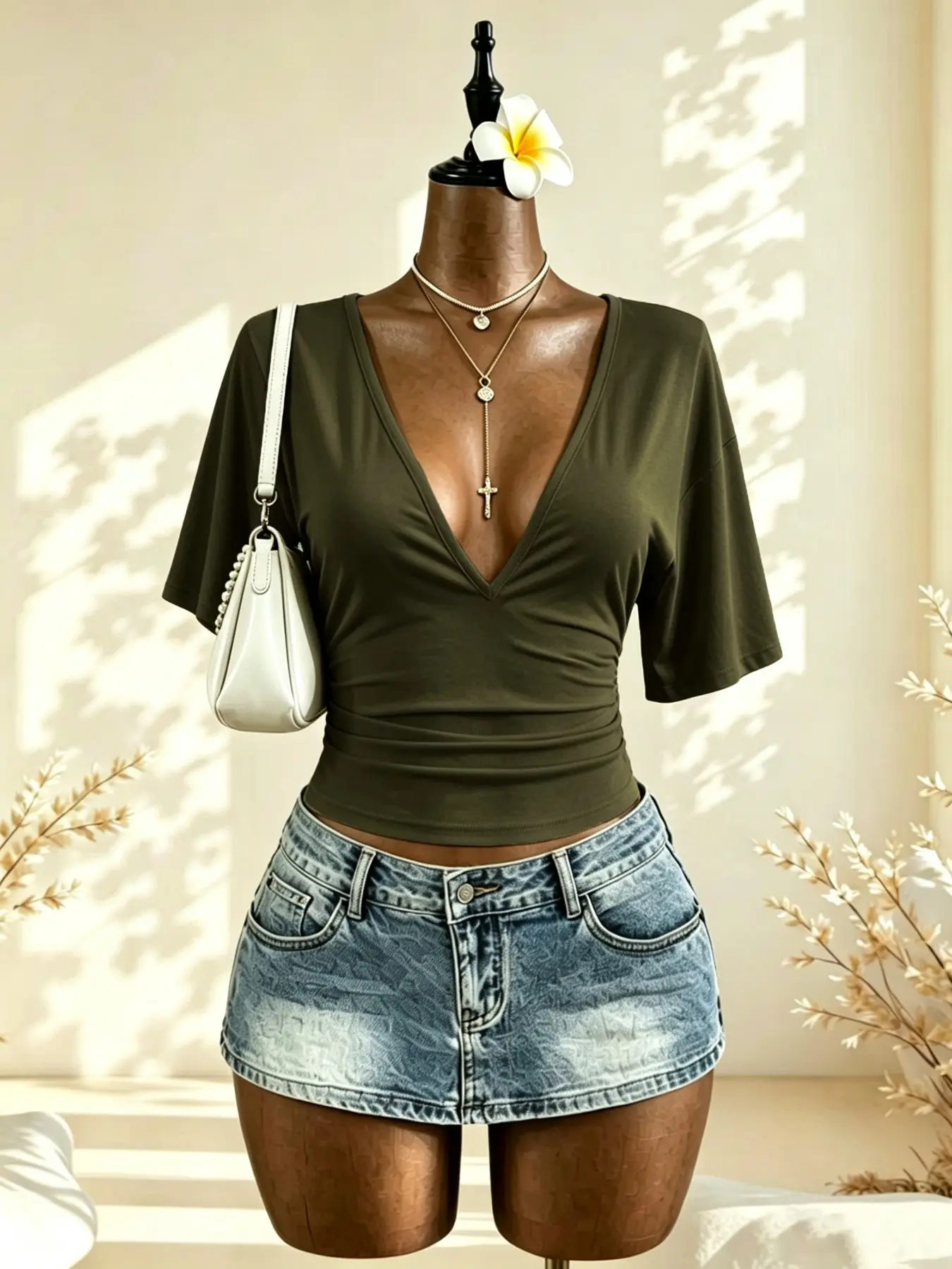 Women's Pleated Waist Short T-Shirt, Fashionable Summer Top, Casual Basic Top, Minimalist, Deep V Neck Short Sleeve, Casual Slim Fit, Ideal for Daily Wear, Everyday