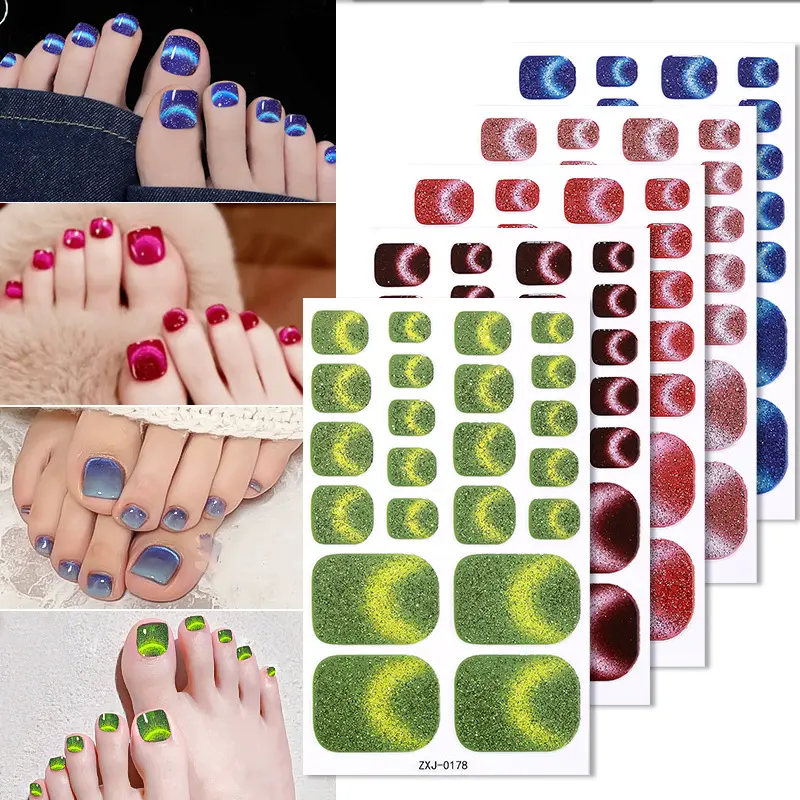 Full Coverage Cat Eye Toenail Stickers, No Curing Required, Glitter Flake Nail Wraps