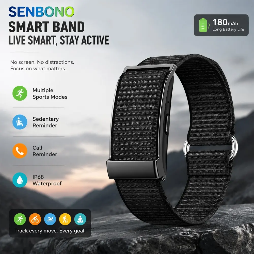 SENBONO Outdoor Sports Screenless Smart Bracelet, Smart Fitness Tracker, Waterproof, 180mAh, Bluetooth call reminder, alarm clock, remote control, photography, sedentary reminder, records 170 sports data points, lightweight nylon strap, unisex bracelet