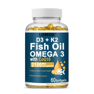 4-in-1 Fish Oil Omega 3 Fatty Supplements (2100mg) - Omega 3 Fish Oil with Vitamins D3 K2 and CoQ10 - Heart, Brain, and Immune Support - 60 Softgels