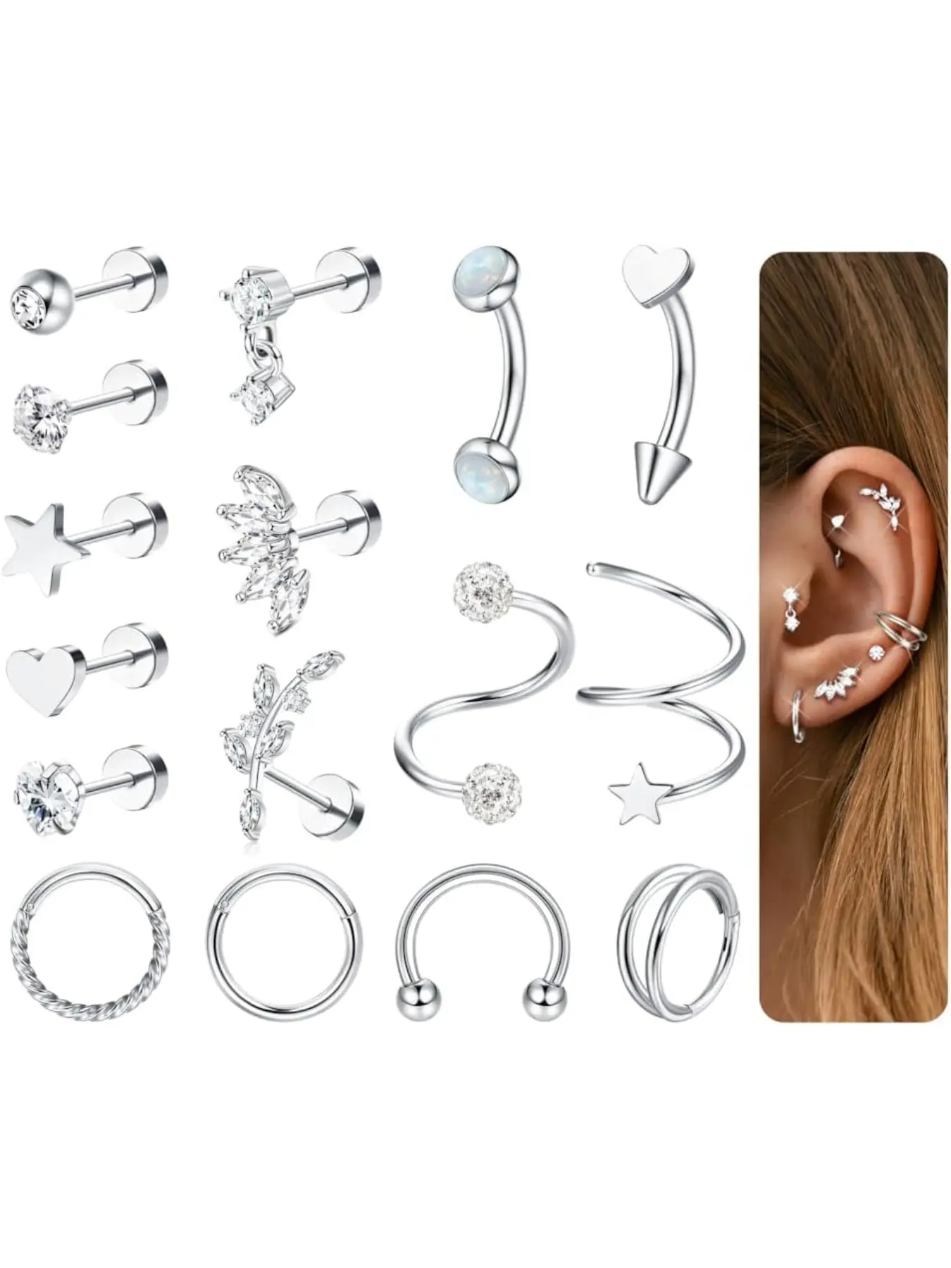 16pcs Helix Piercing Jewellery, 16g Flat Back Earrings, Hypoallergenic Hoops, Cz Heart Cartilage Earrings, Silver Color/