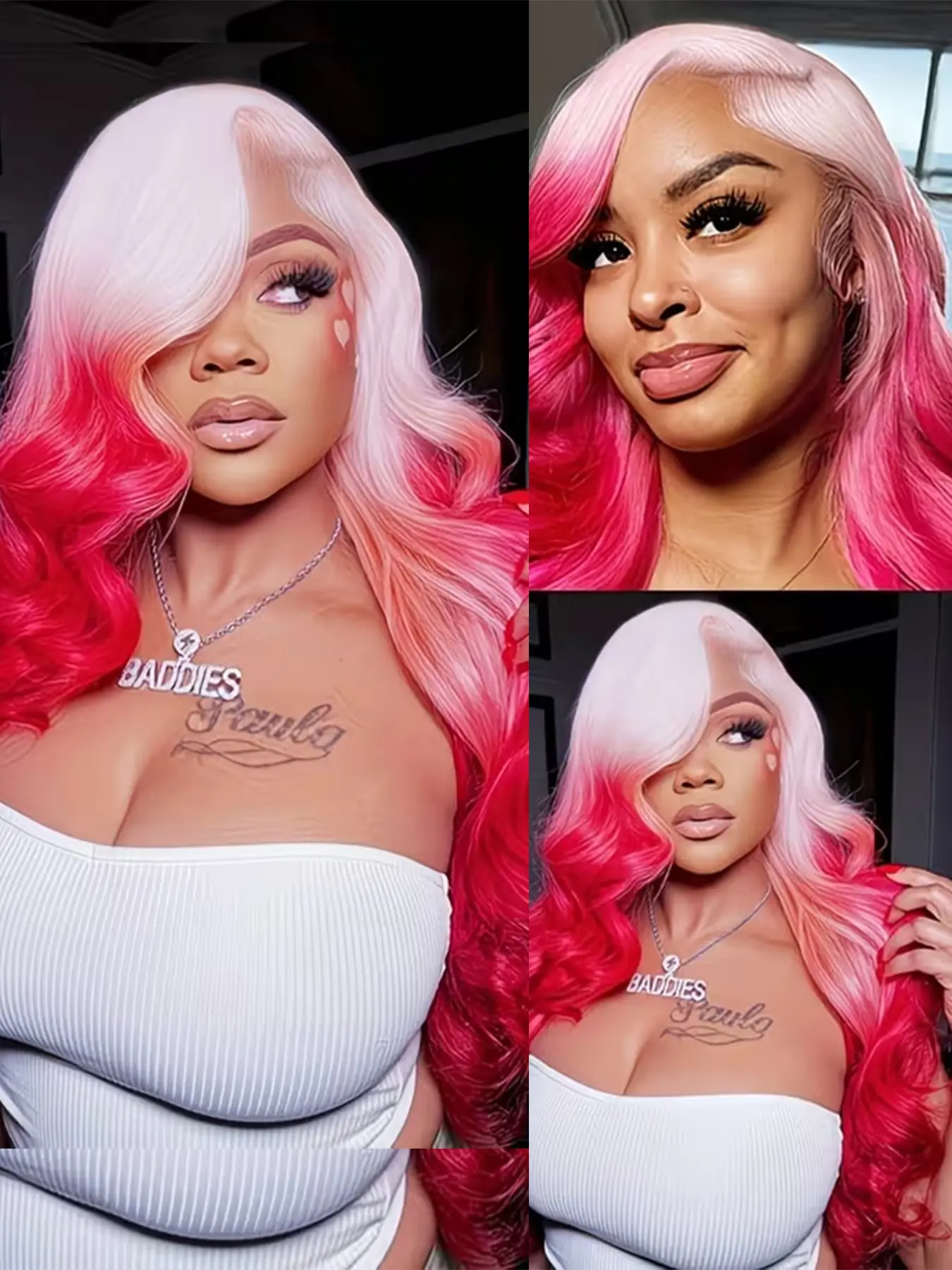 Ombre Pink to Red Color Body Wave Lace Front Synthetic Wigs for Women, 13x4 Free Part Glueless, Long Curly Wave Wigs Pre-Plucked Hairline Loose Curly Soft Lace Wigs Comfortable Suitable for Daily Wear & Special Occasions Wig 26Inch