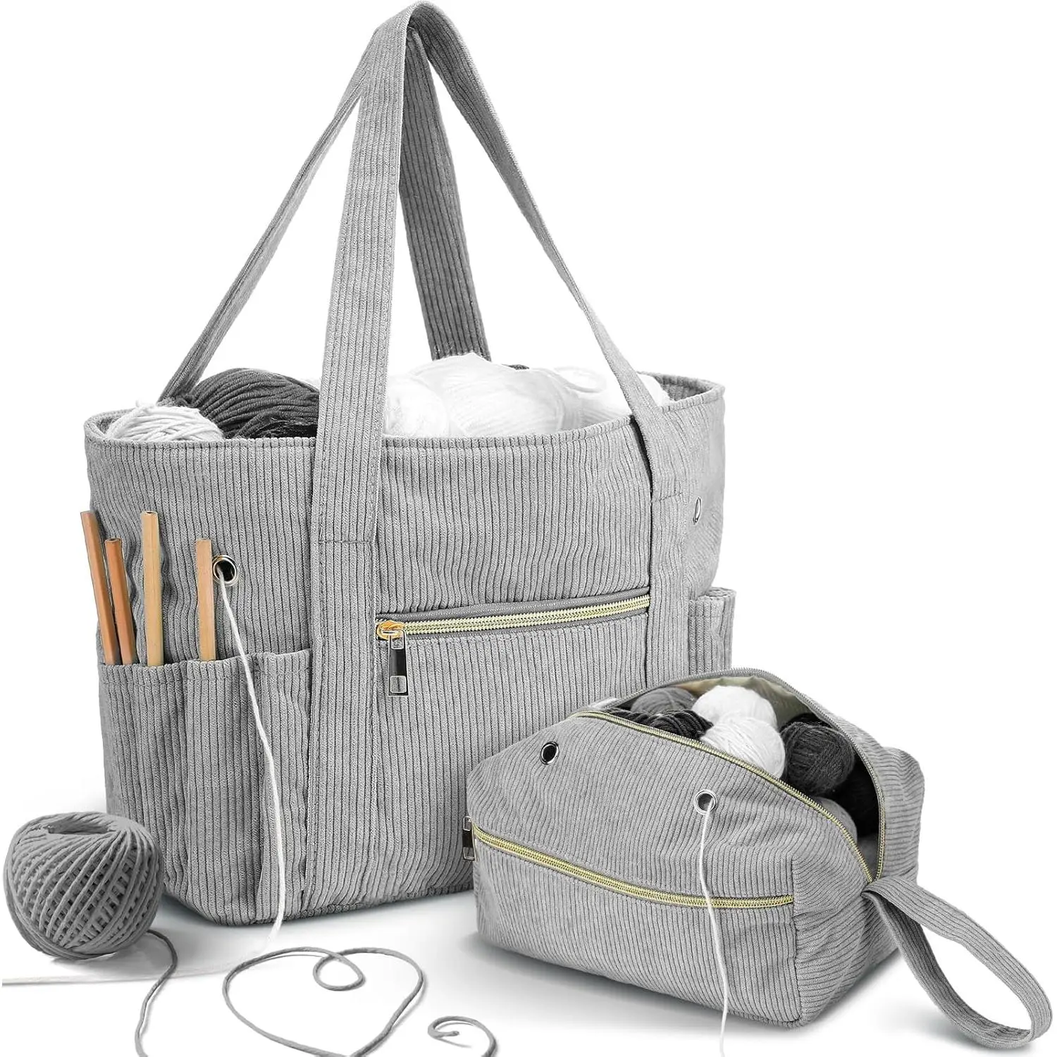 2 count Crochet Bag and Tote Set Corduroy Yarn Bag Crochet Tote Bag for Crochet Hooks Organizer Yarn Holder for Crochet Lovers Knitting Bag Crochet Accessories(Grey)