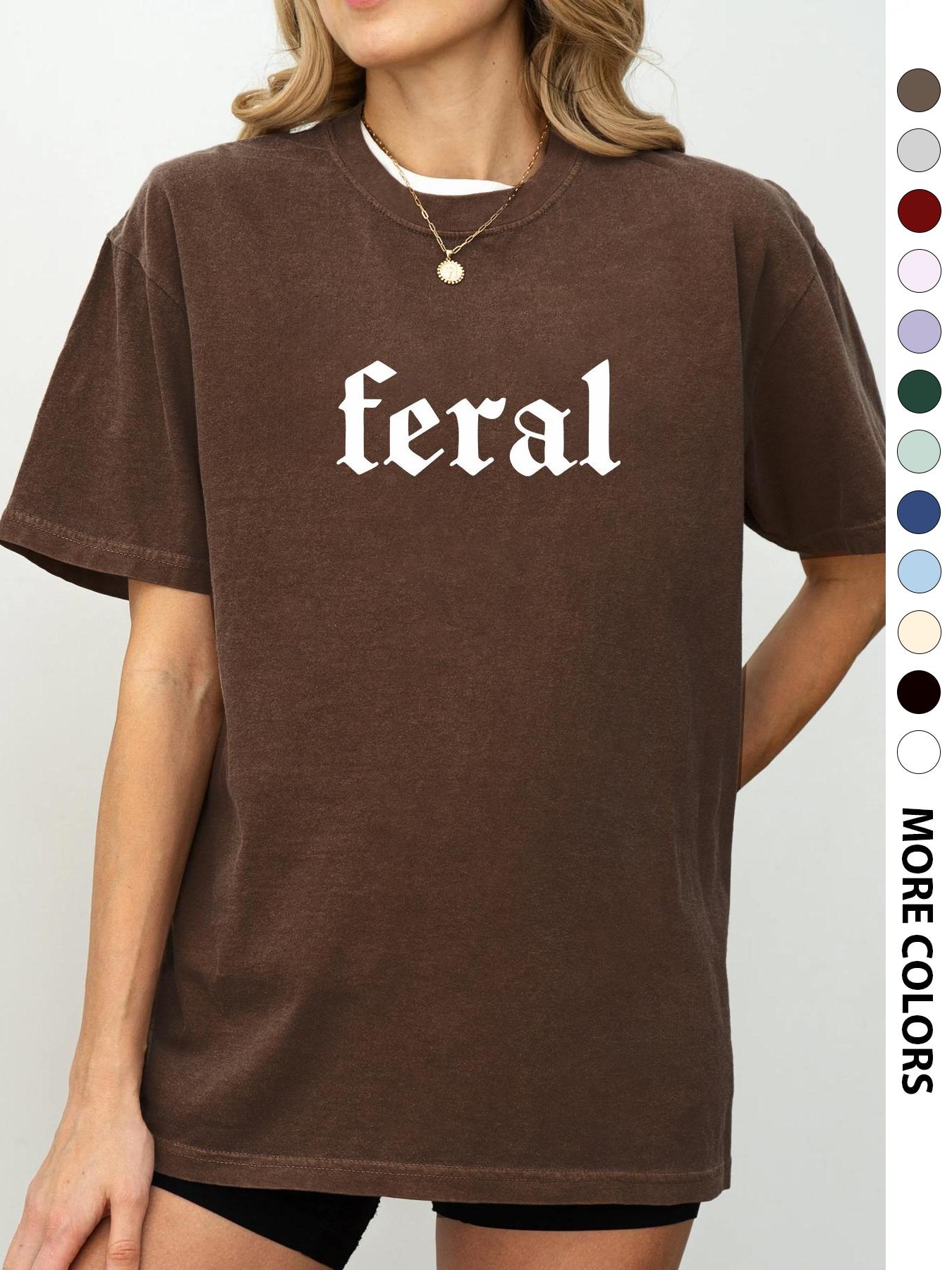 Women's "FERAL" Slogan Print Round Neck Tee, Fashion Casual Crew Neck Drop Shoulder Fitted T-Shirt for Daily Holiday Vacation Outdoor Wear, Ladies Clothes for All Seasons