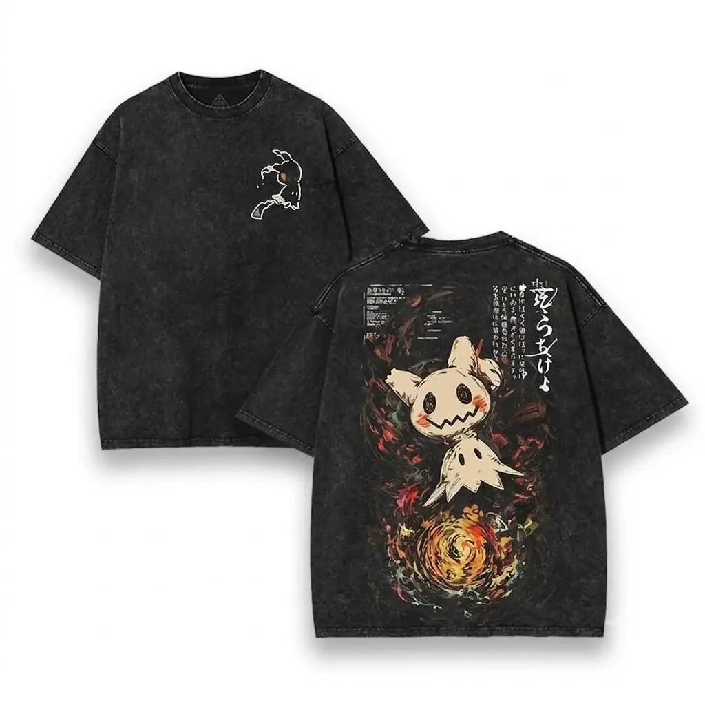 Mimikyu Ghost Double-Sided Vintage Washed Graphic Print T-Shirt for Men, Loose Short-Sleeve Tops, Machine Washable, Shortsleeve, Medium Length